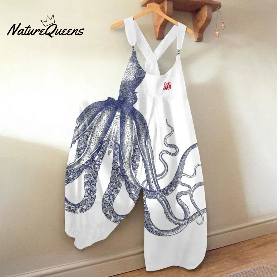 Vintage Japanese Art Octopus Print Loose Casual Jumpsuit