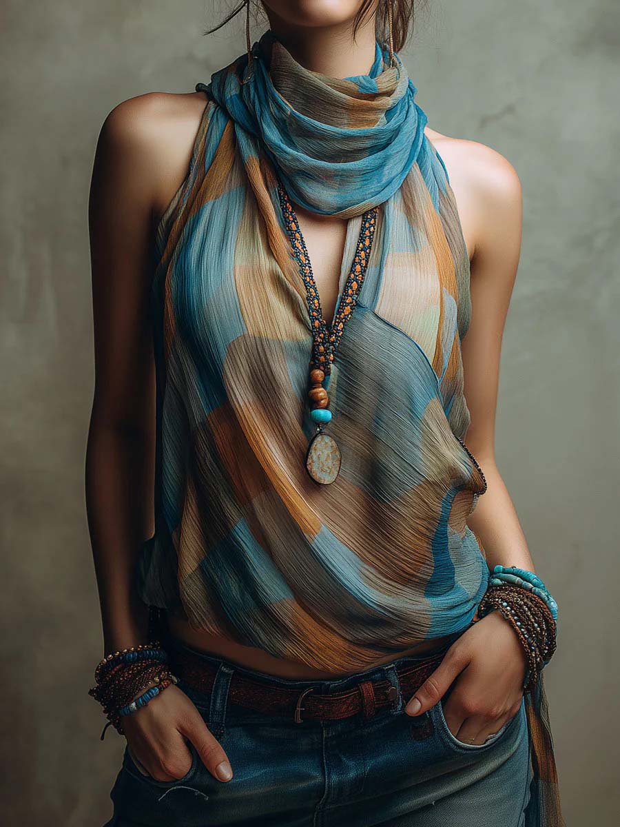 Women's Stand-collar Sleeveless Loose-fit Casual Plaid Top