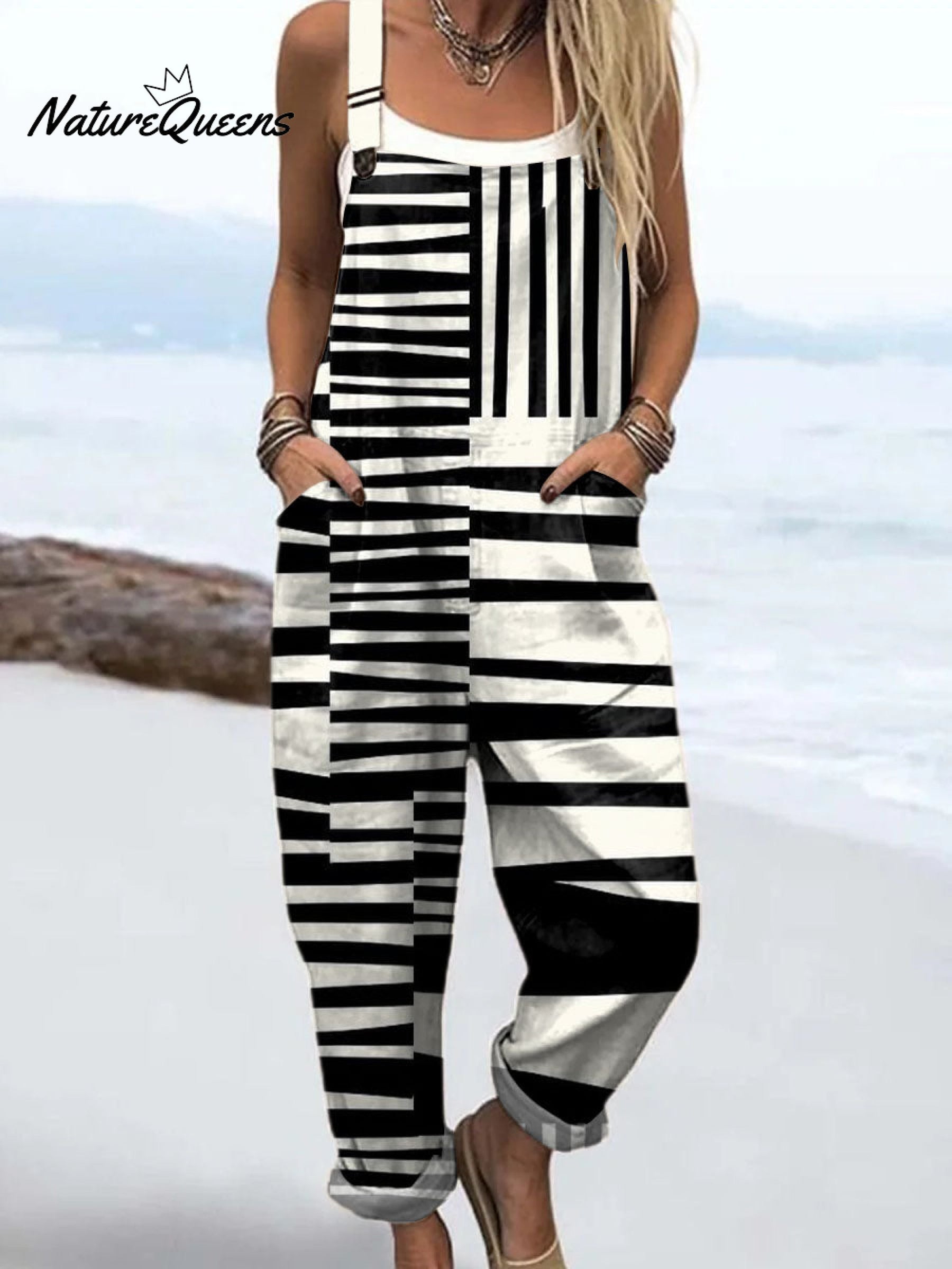 Women's Abstract Geometric Pattern Art Print Casual 100% Cotton Wide Leg Jumpsuit