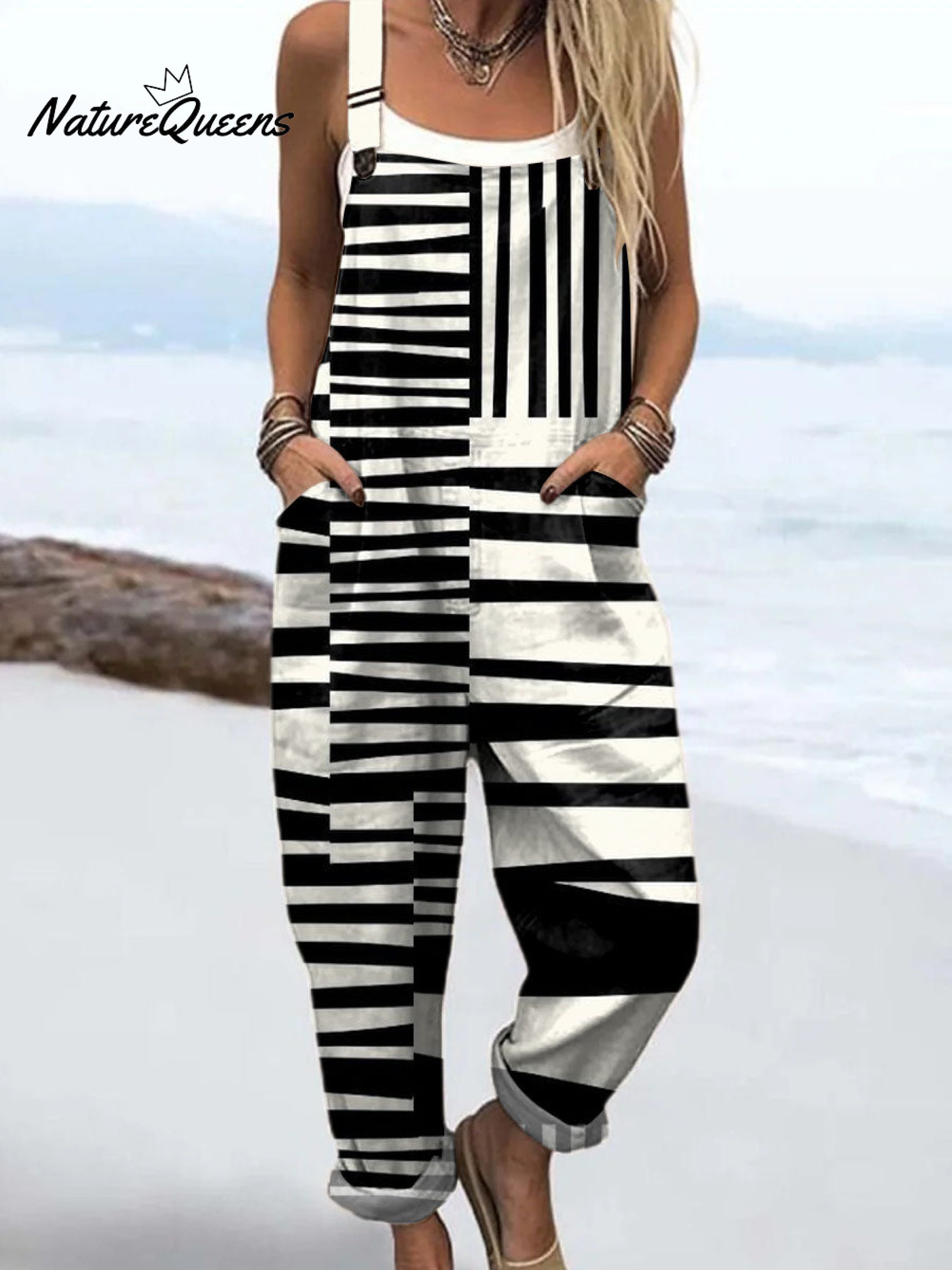 Women's Abstract Geometric Pattern Art Print Casual 100% Cotton Wide Leg Jumpsuit