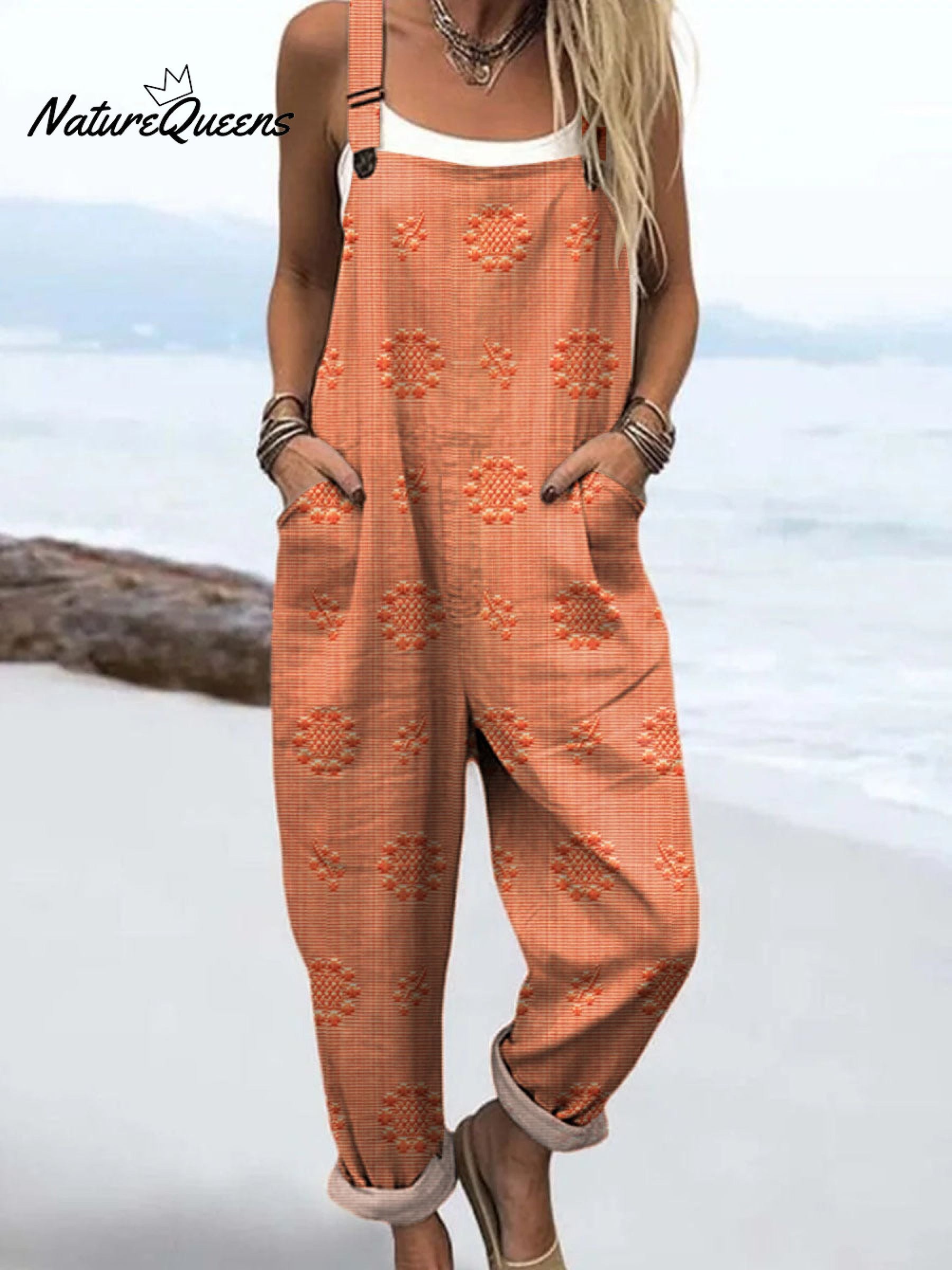 Women's Vintage Floral Pattern Art Print Casual 100% Cotton Wide Leg Jumpsuit