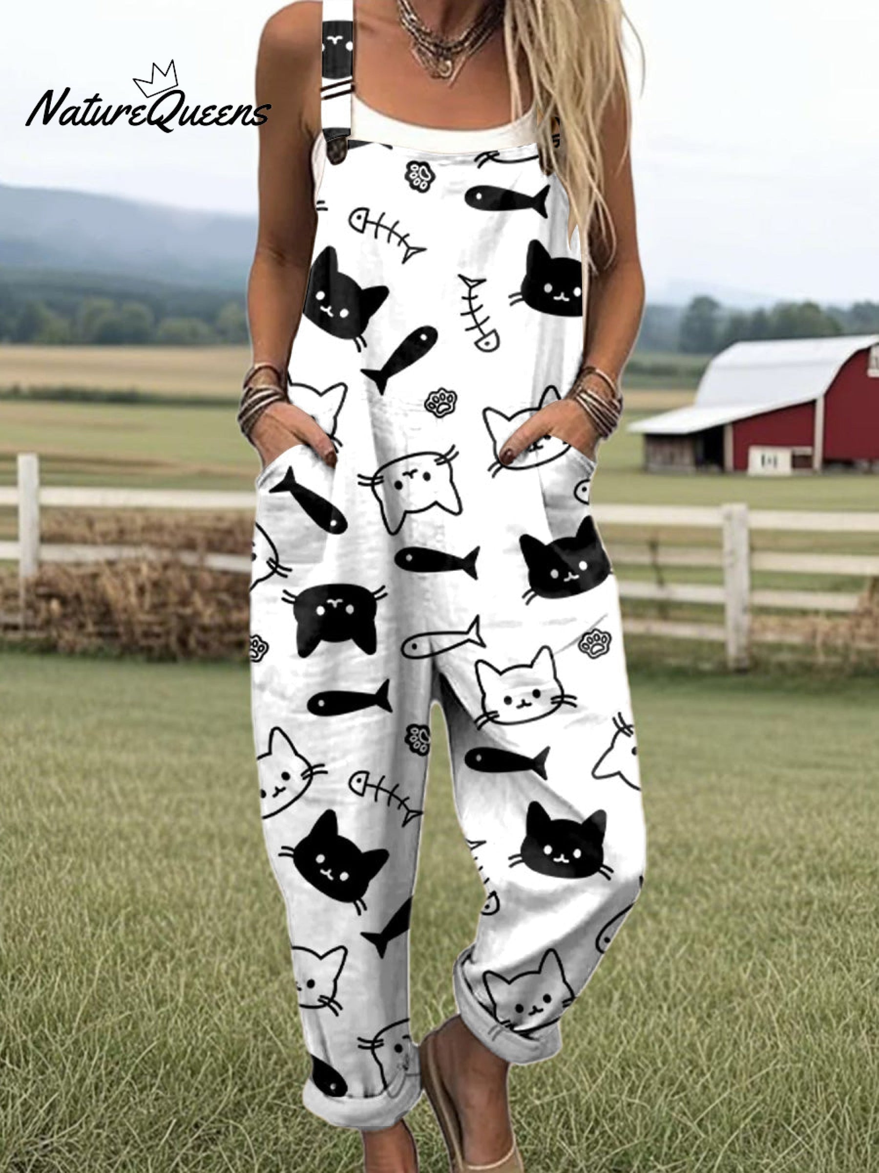 Women's Artistic Abstract Fun Cat Fish Print Casual 100% Cotton Wide Leg Jumpsuit