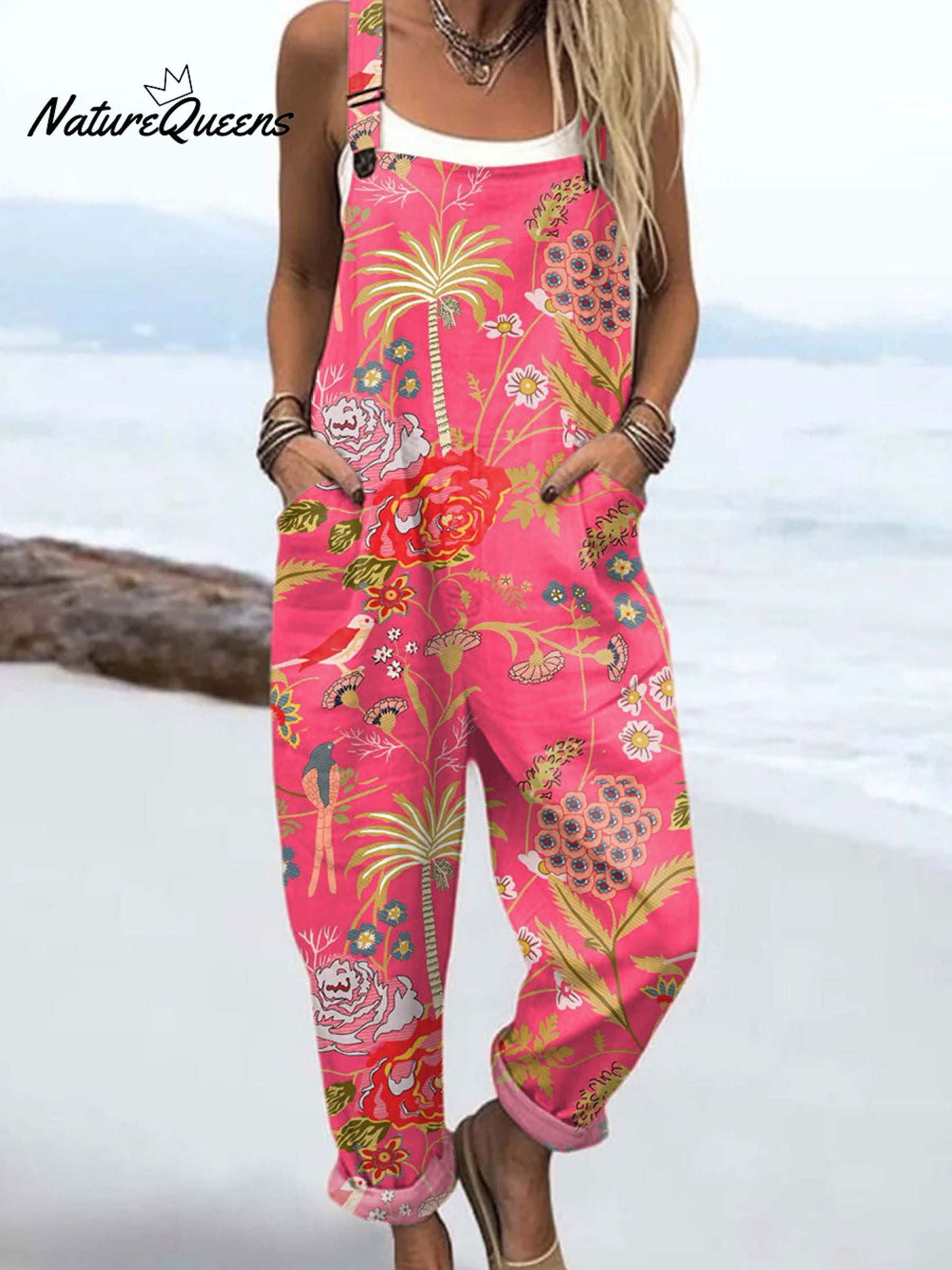 Women's  Vintage Flowers Art Print Casual 100% Cotton Wide Leg Jumpsuit