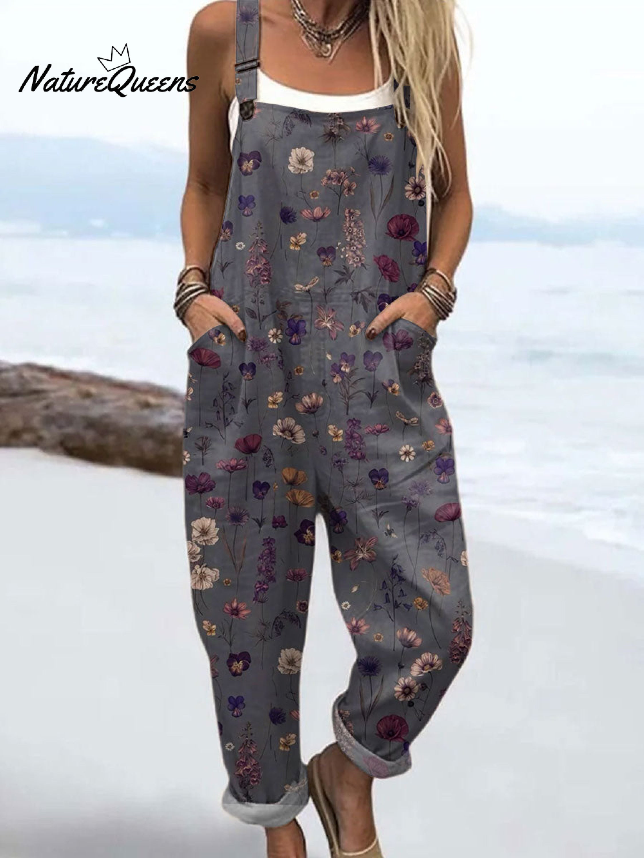 Women's  Vintage Flowers Art Print Casual 100% Cotton Wide Leg Jumpsuit