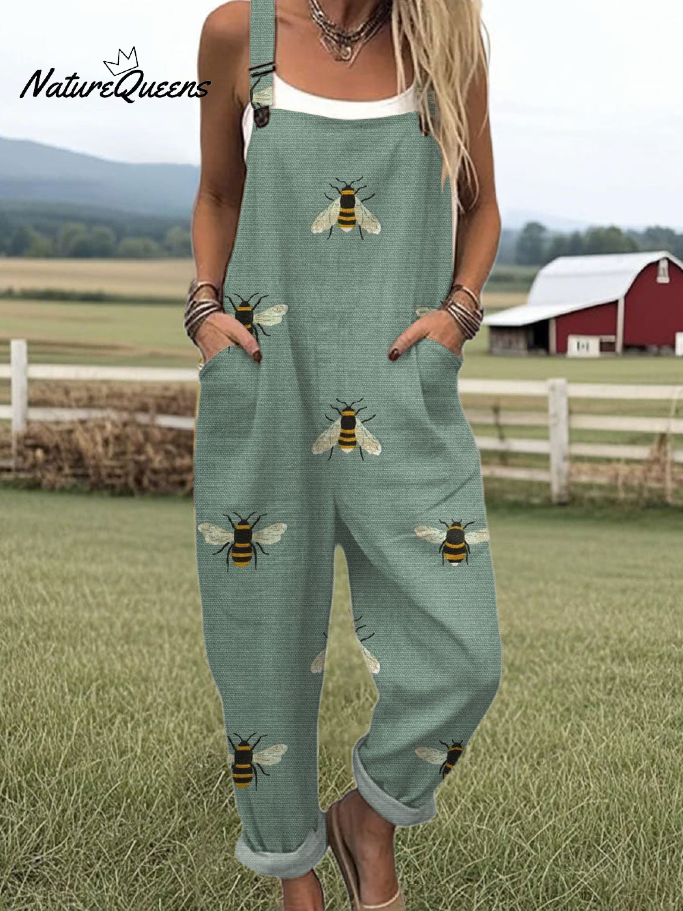 Women's  Funny Bee Art Print Casual 100% Cotton Wide Leg Jumpsuit