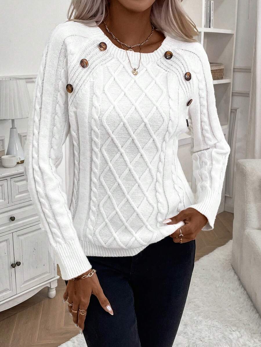 Clara – Button-Detail Cable Knit Sweater