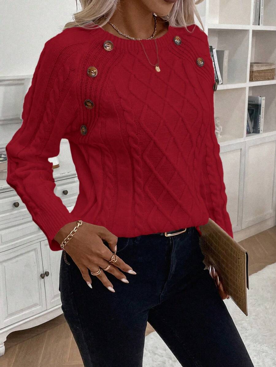 Clara – Button-Detail Cable Knit Sweater
