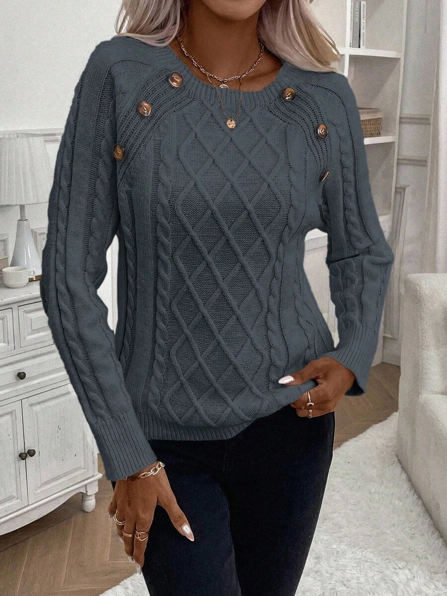 Clara – Button-Detail Cable Knit Sweater