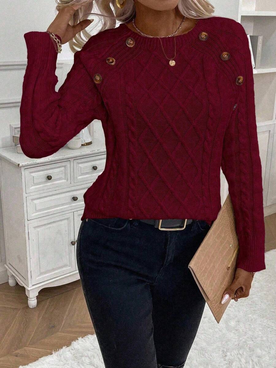 Clara – Button-Detail Cable Knit Sweater