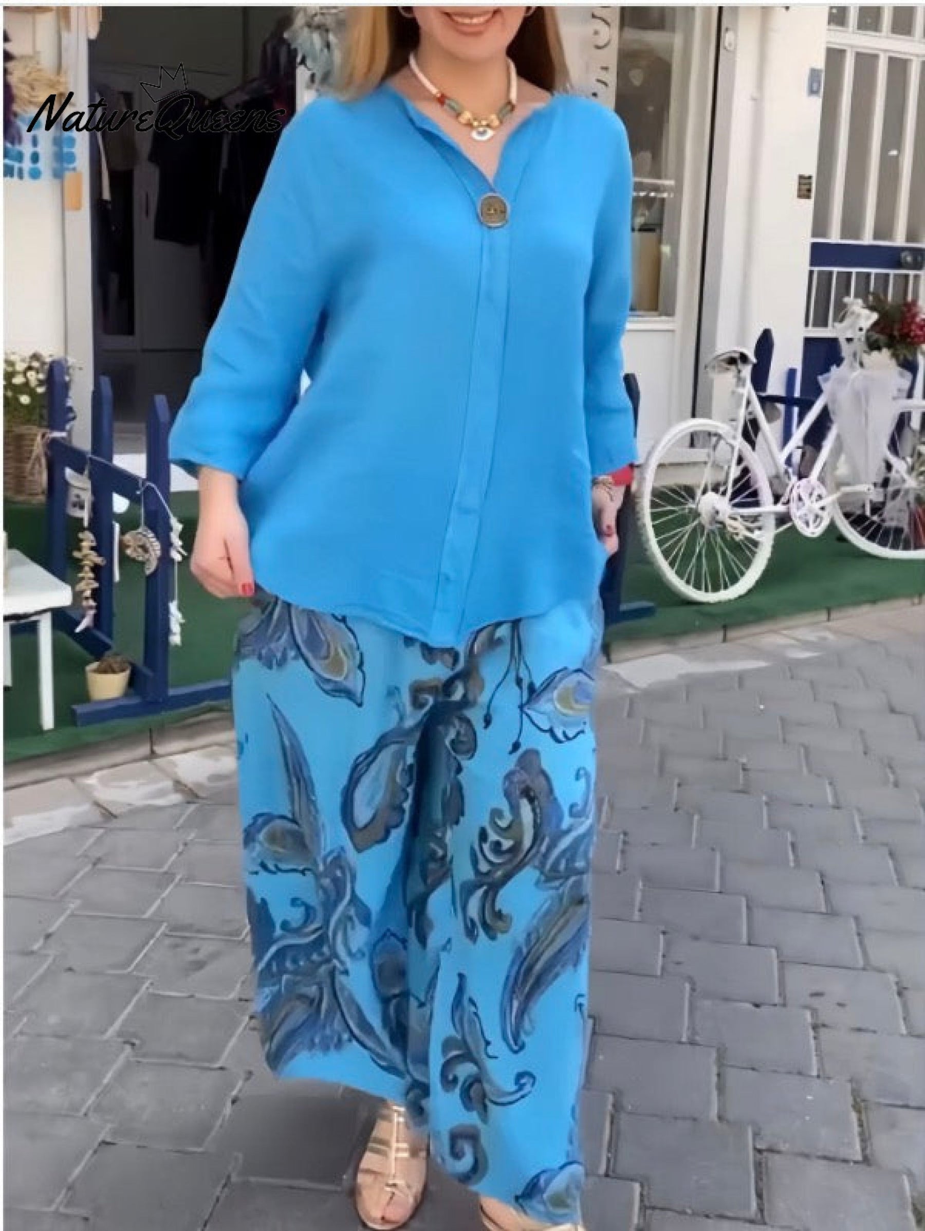 Women's Vintage Boho Floral Print Loose Cotton And Linen Long-sleeved Tops And Straight Pants Two-piece Set