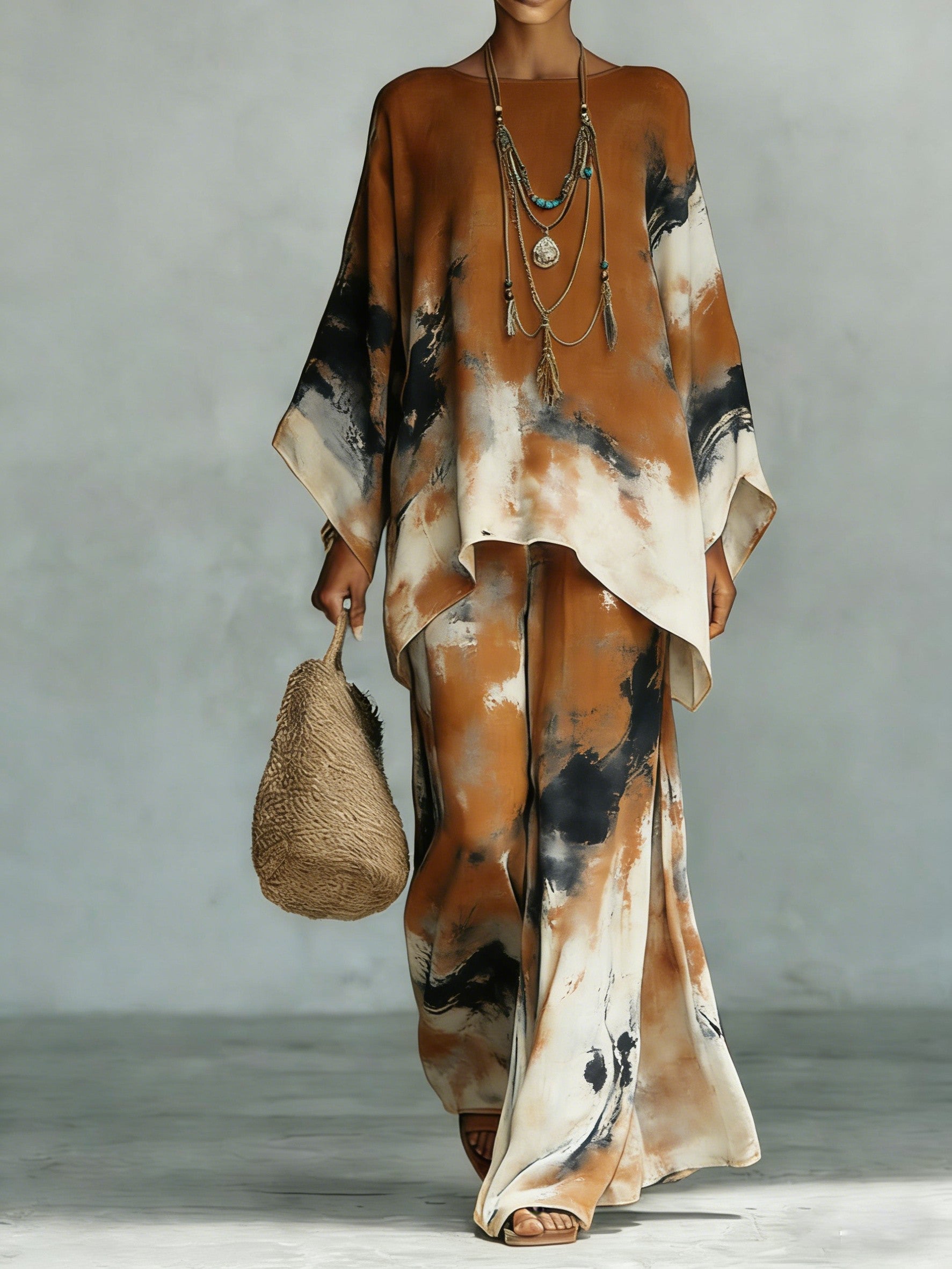 Women's Comfortable and loose print pattern cotton and linen wide-leg pants two-piece set