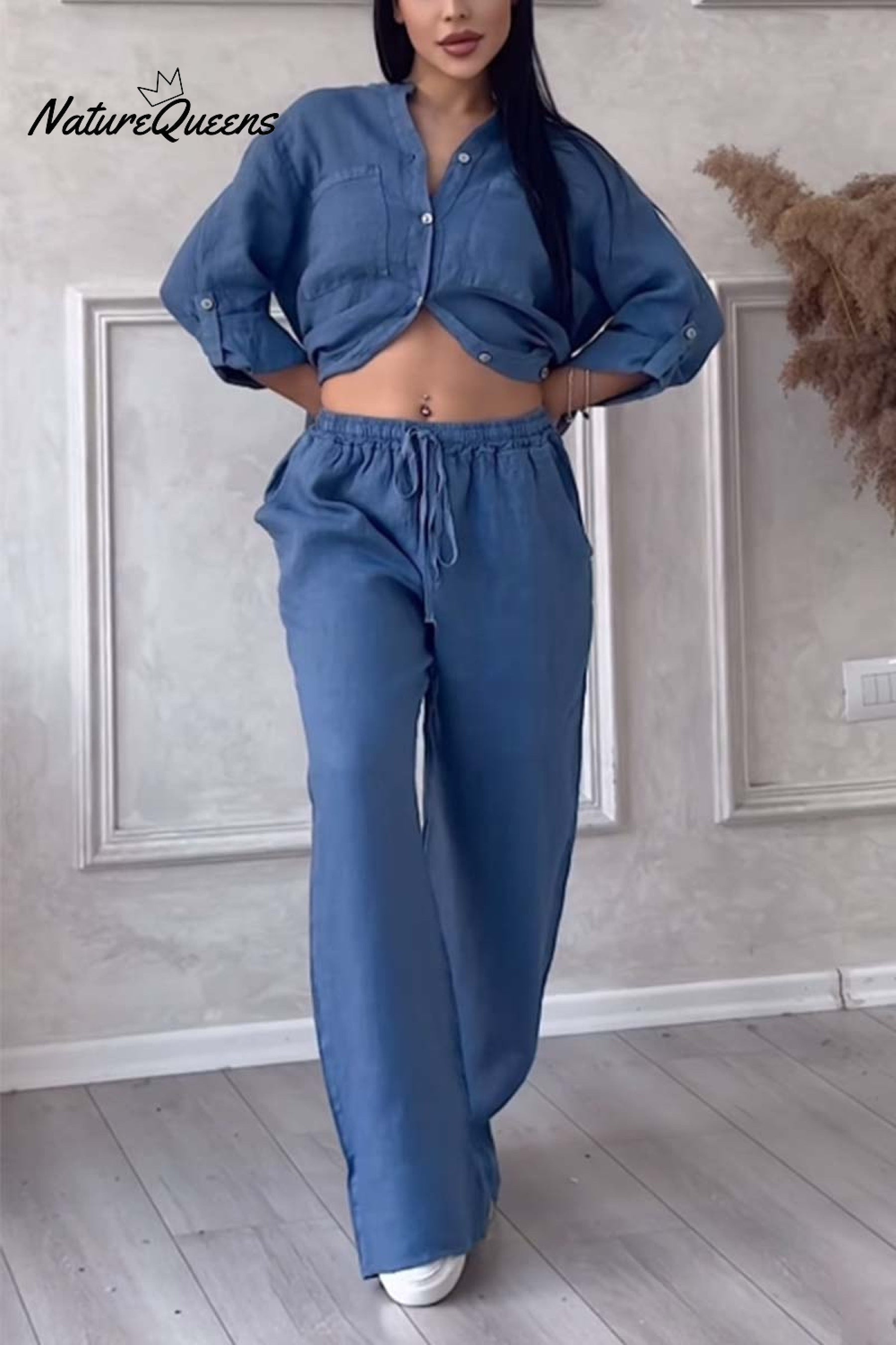 Casual solid color cotton and linen pants two-piece set