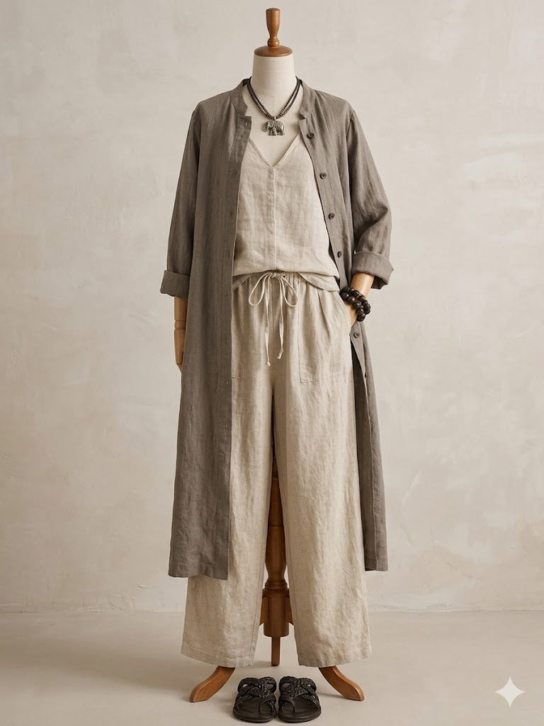 Casual Bohemian Linen And Cotton Long Cardigan And Sleeveless Top And Pants Three-piece Set