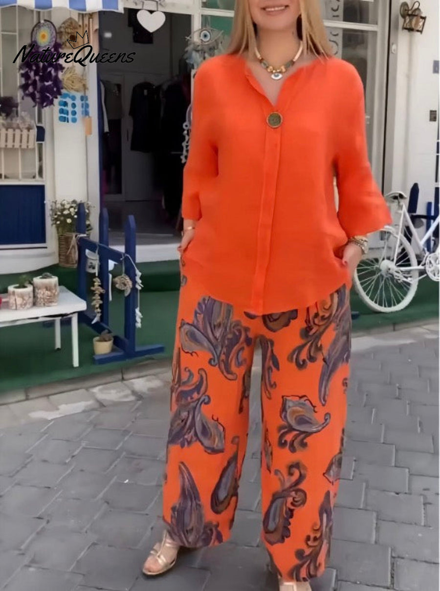 Women's Vintage Boho Floral Print Loose Cotton And Linen Long-sleeved Tops And Straight Pants Two-piece Set