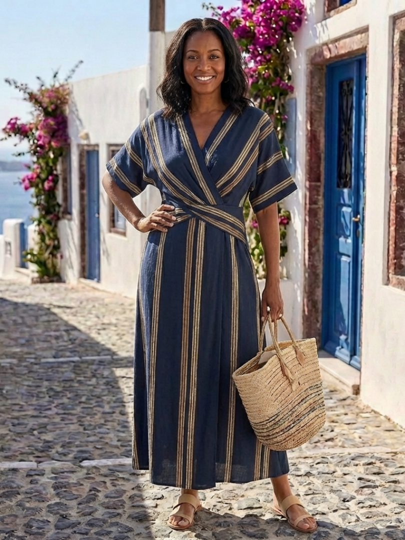 Saphira™ | V Neck Short Sleeve Striped Wrap Midi Dress