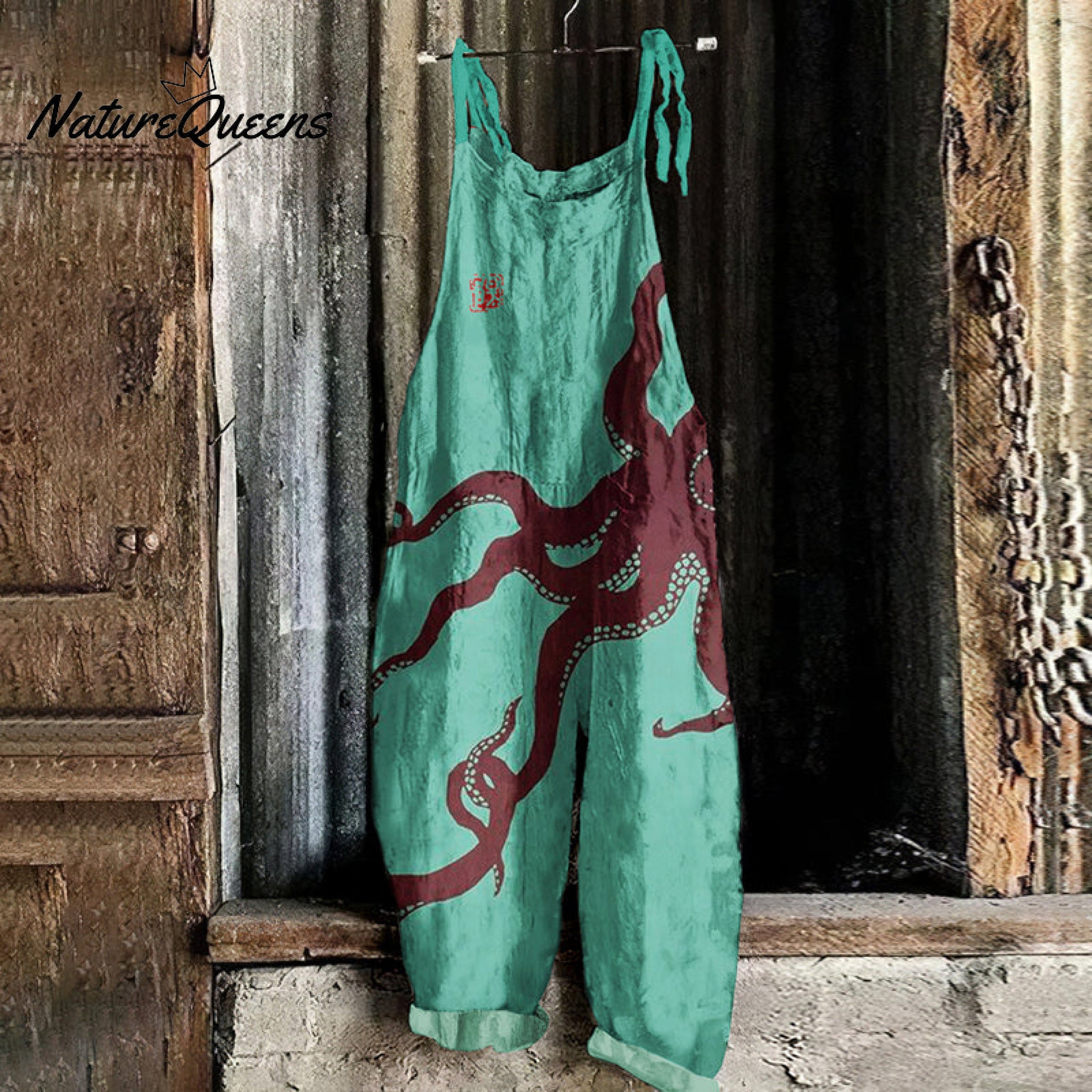 Japanese Art Octopus Print Casual Loose Jumpsuit