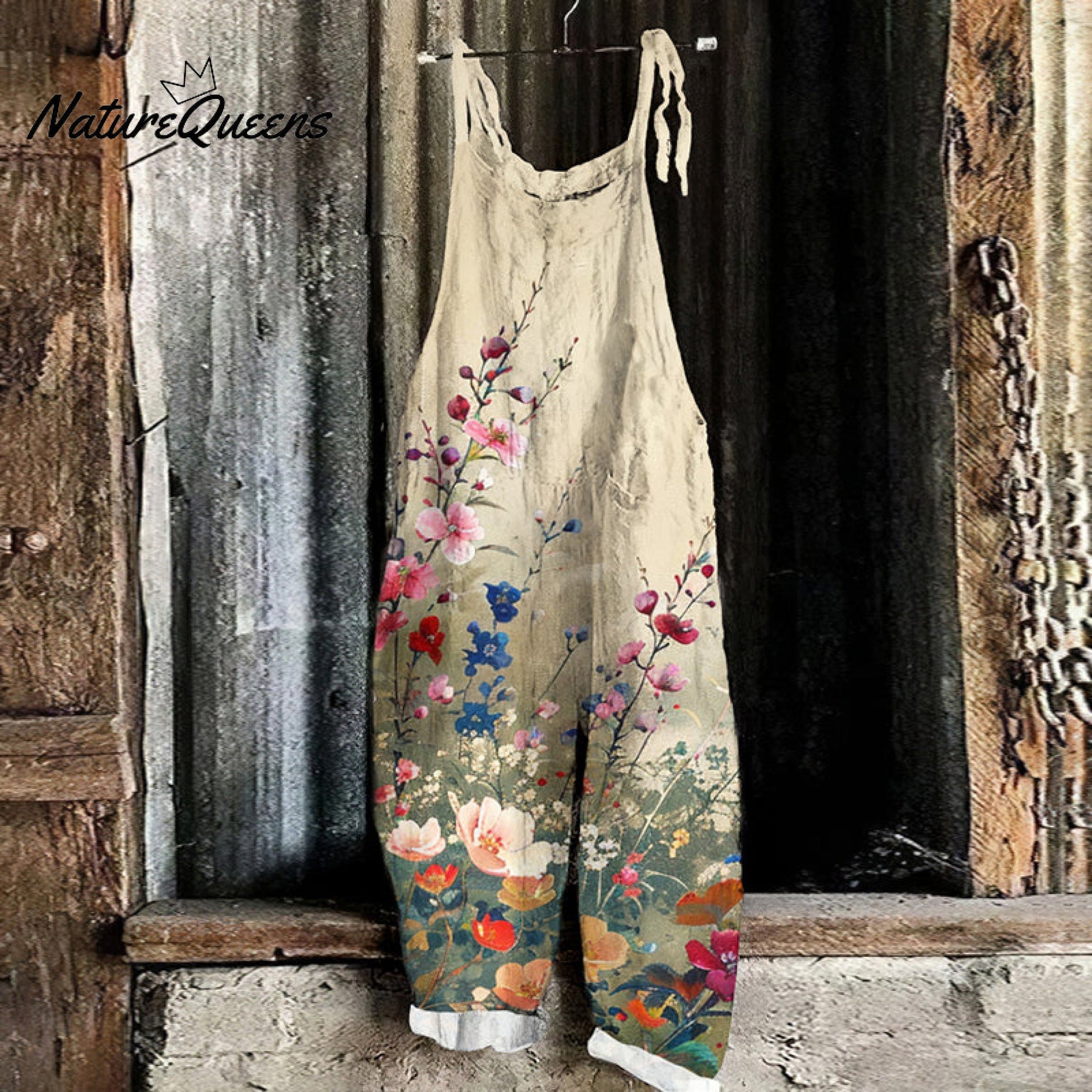 Vintage Flowers Art  Print Linen Loose Casual Jumpsuit