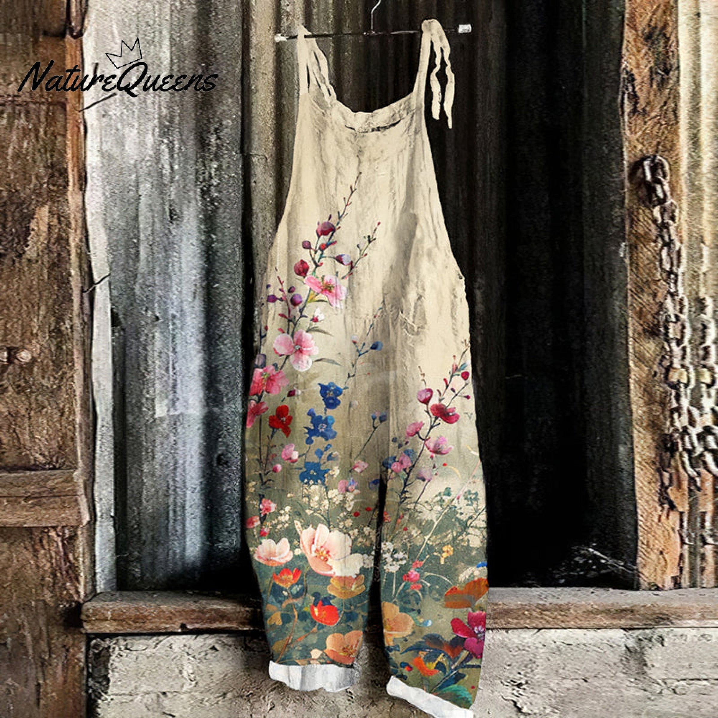 Vintage Flowers Art  Print Linen Loose Casual Jumpsuit