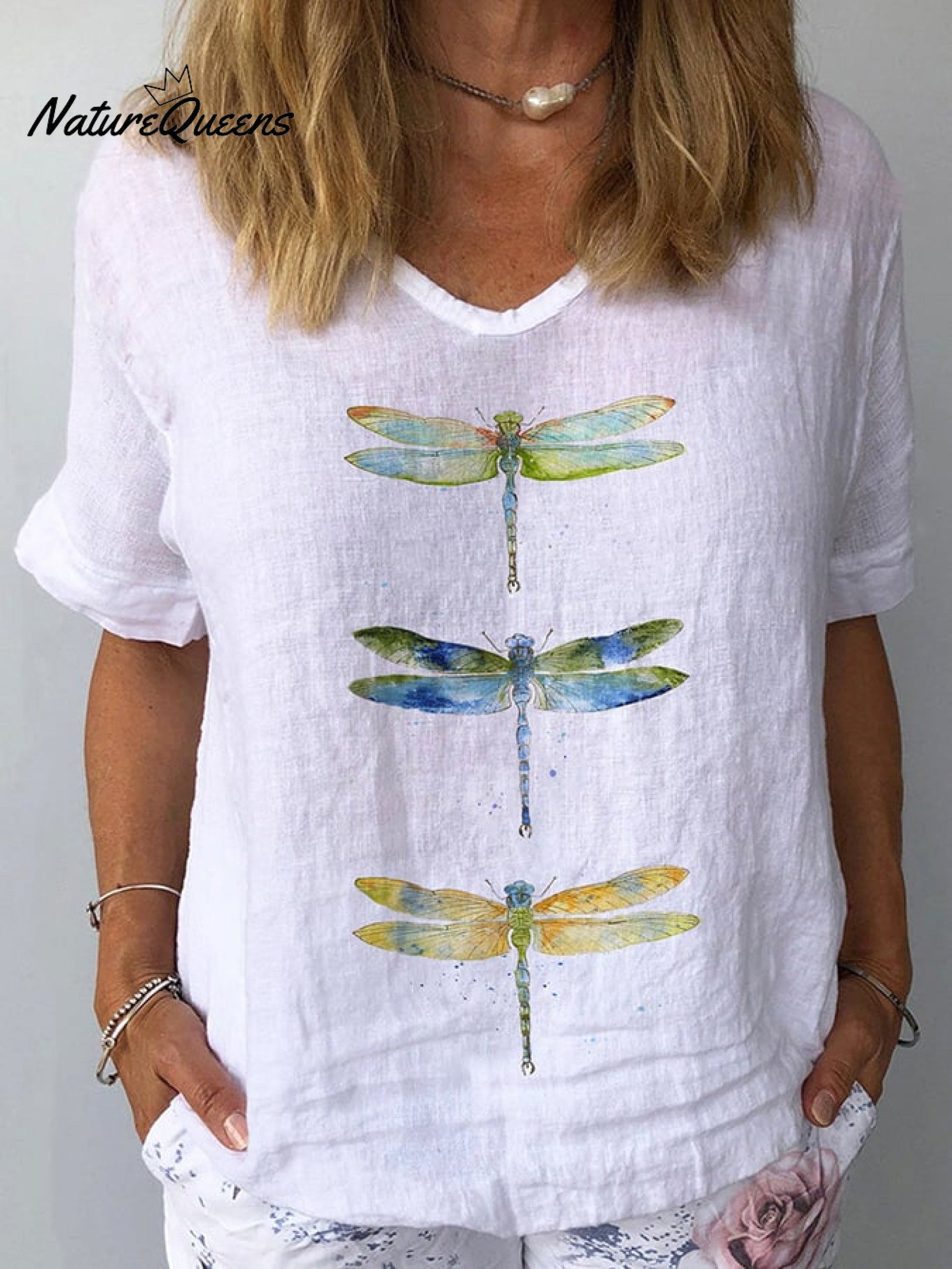 Women's Watercolor Dragonfly Print Cotton Linen Shirt