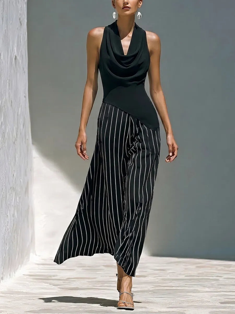 Cowl Neck Sleeveless Top & Striped Maxi Skirt Two-Piece Set
