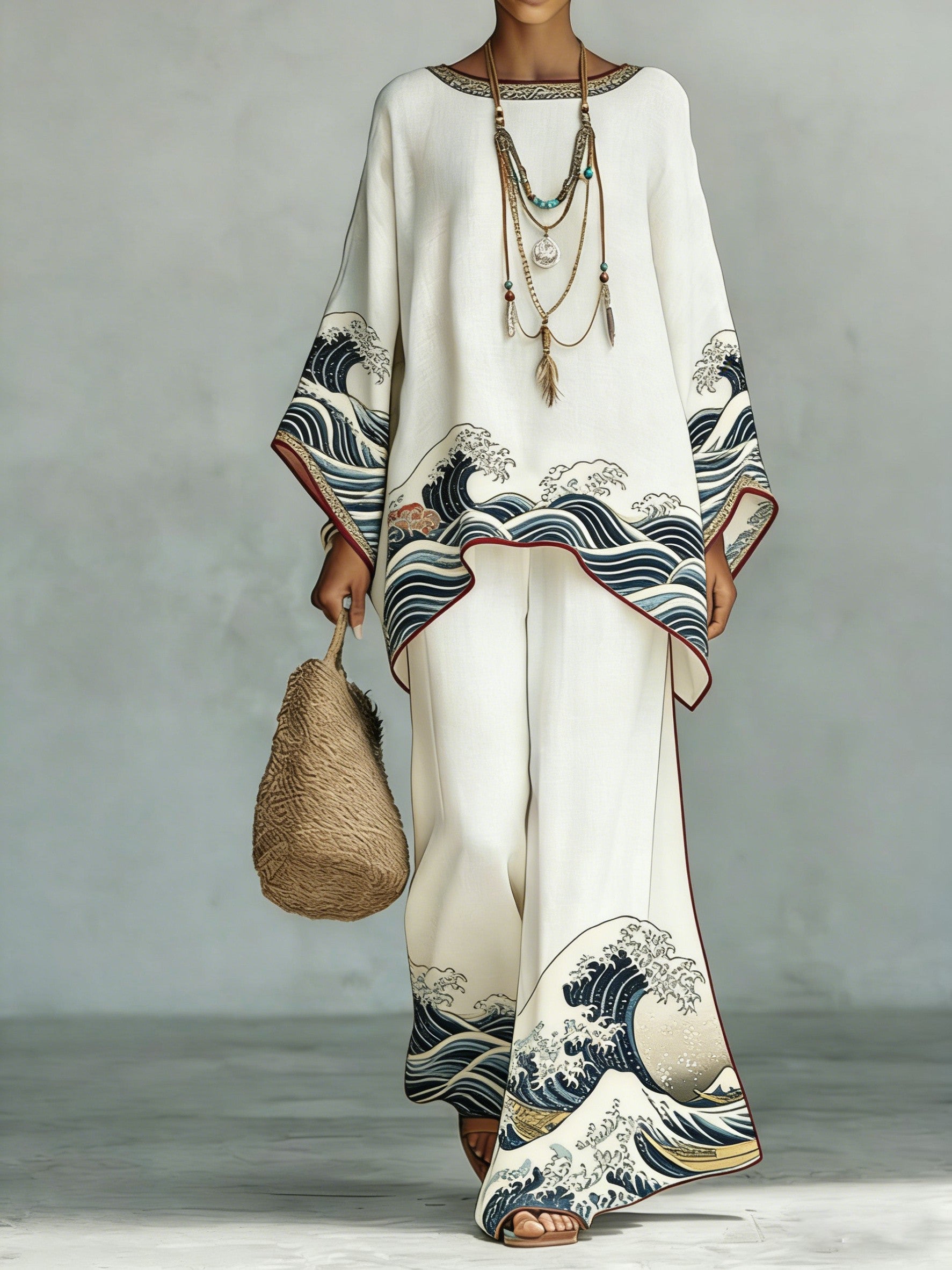 Women's Comfortable and loose print pattern cotton and linen wide-leg pants two-piece set