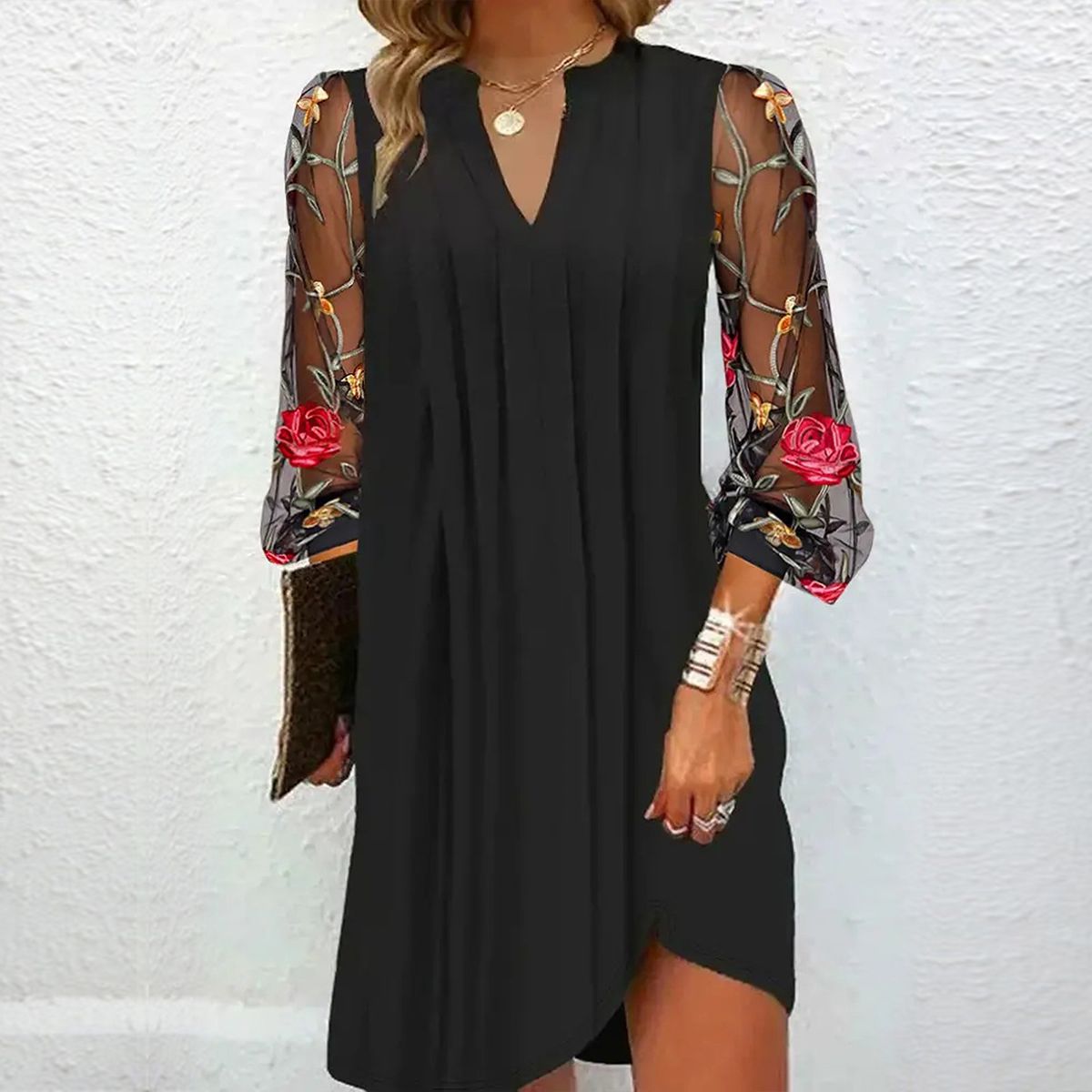 Kimmy | Elegant Mini Dress with V-neck and Sheer Sleeves