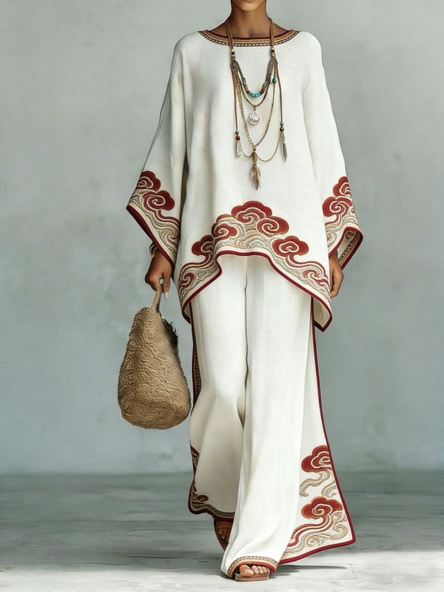 Women's Comfortable and loose print pattern cotton and linen wide-leg pants two-piece set