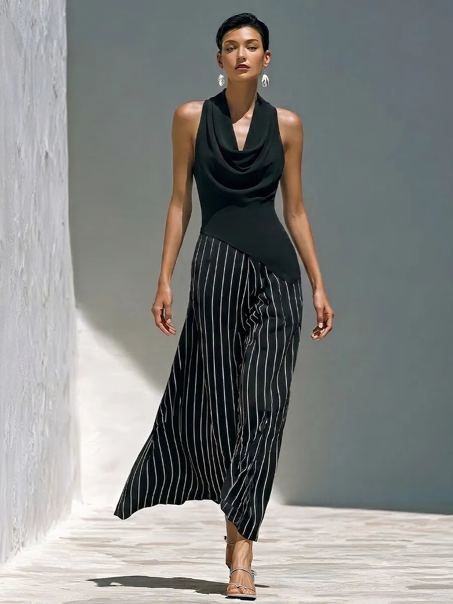 Cowl Neck Sleeveless Top & Striped Maxi Skirt Two-Piece Set