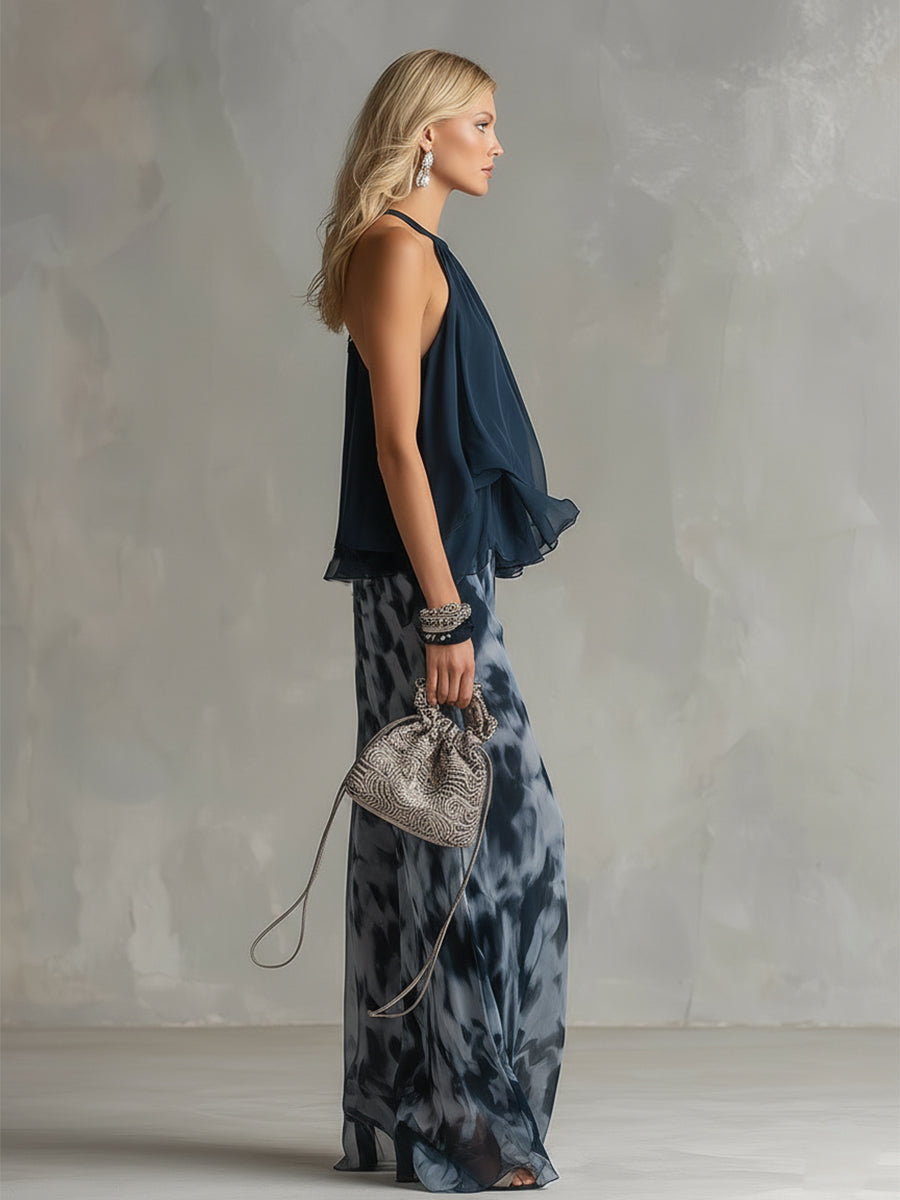 Norelda - Elegant High-Neck Top & Wide-Leg Trousers Set
