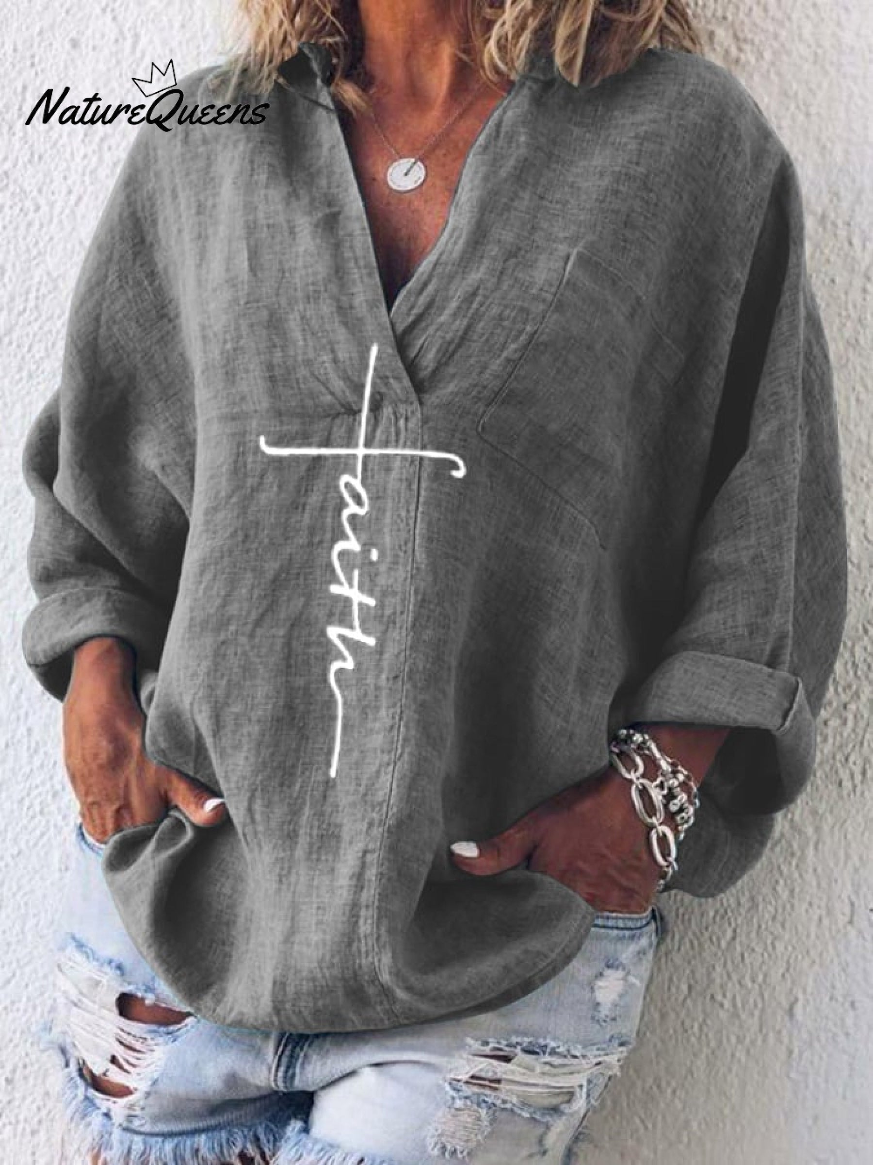 Women's Faith Printed Casual Long Sleeve V-Neck Cotton And Linen Shirt