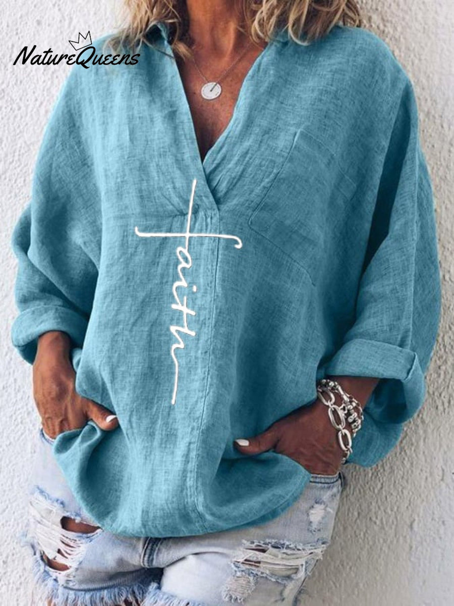 Women's Faith Printed Casual Long Sleeve V-Neck Cotton And Linen Shirt