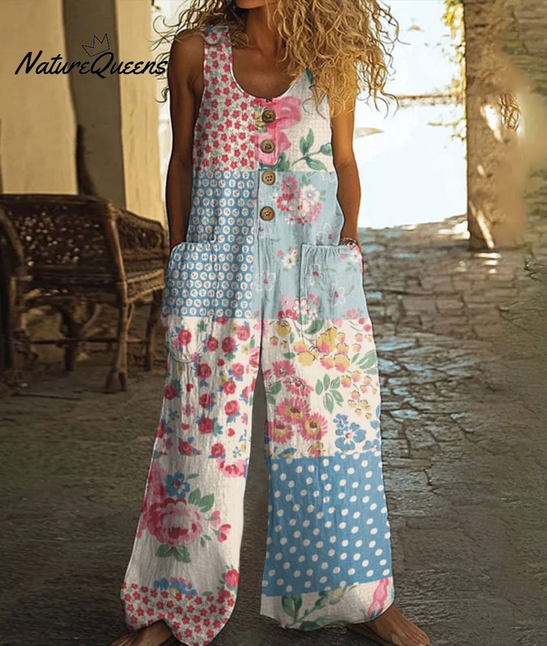 Vintage Floral Art Print Casual Wide Leg Jumpsuit