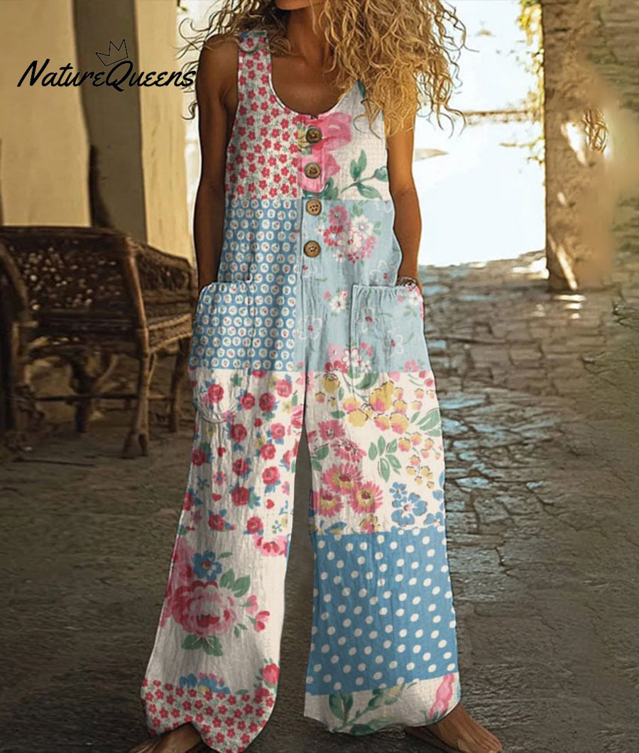 Vintage Floral Art Print Casual Wide Leg Jumpsuit
