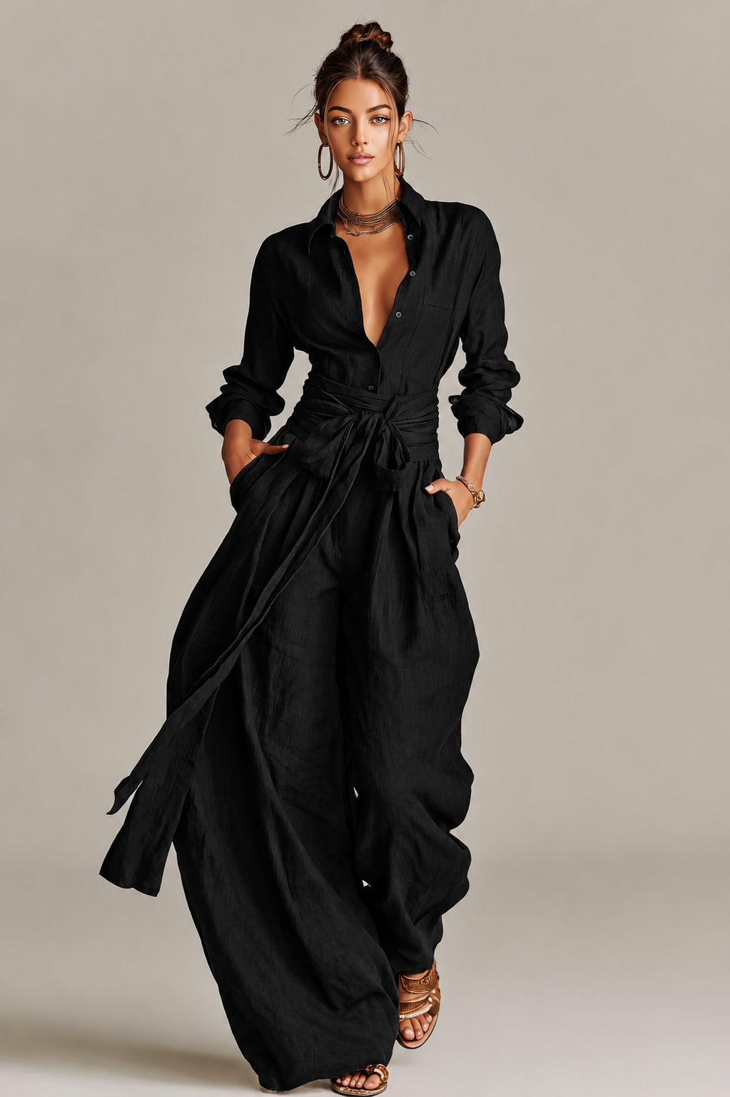 Primalyn - Lightweight Button-Up Top & Wide-Leg Pants Set