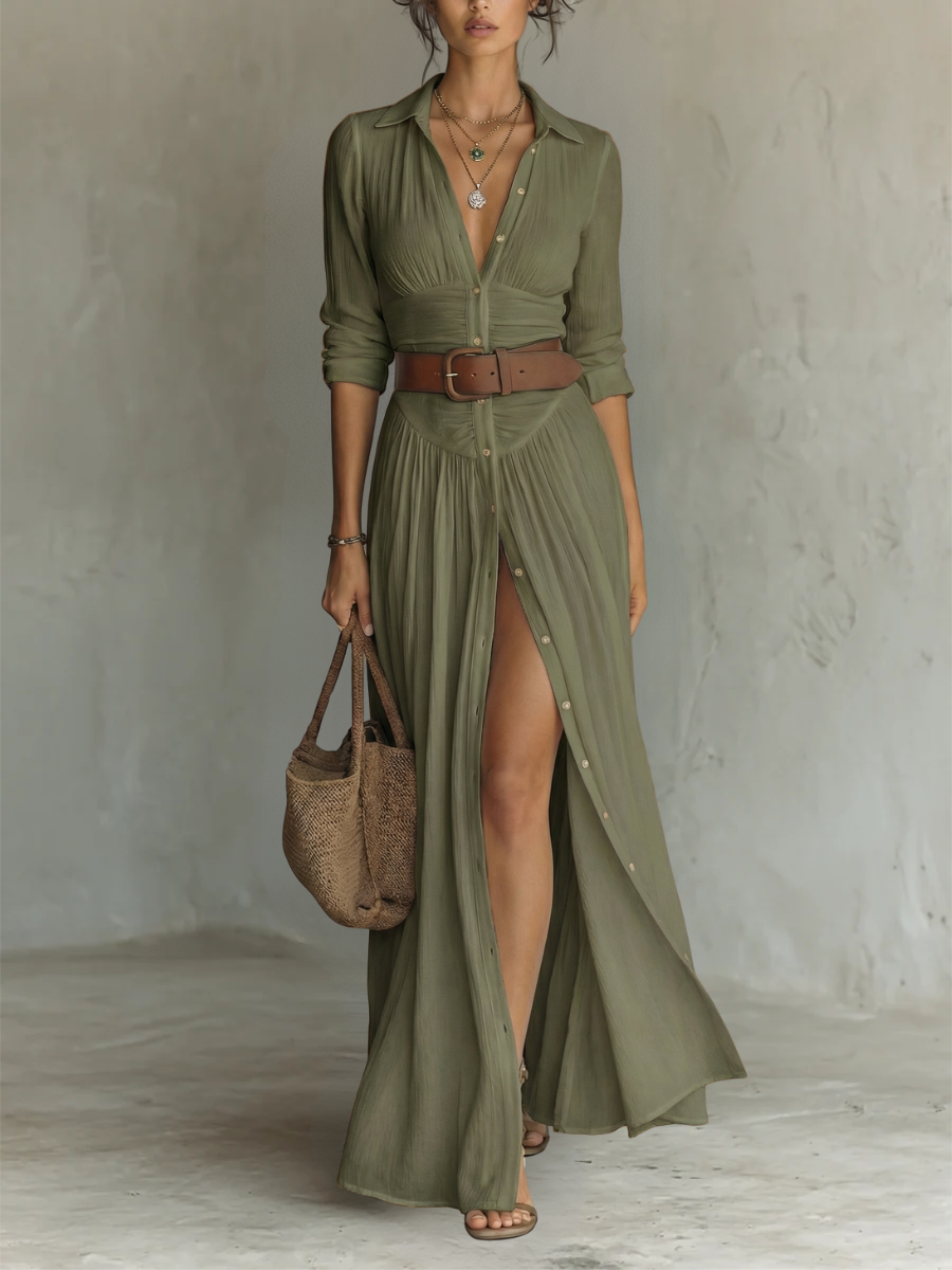 Yarae - Button Down Pleated Maxi Dress Casual Fit