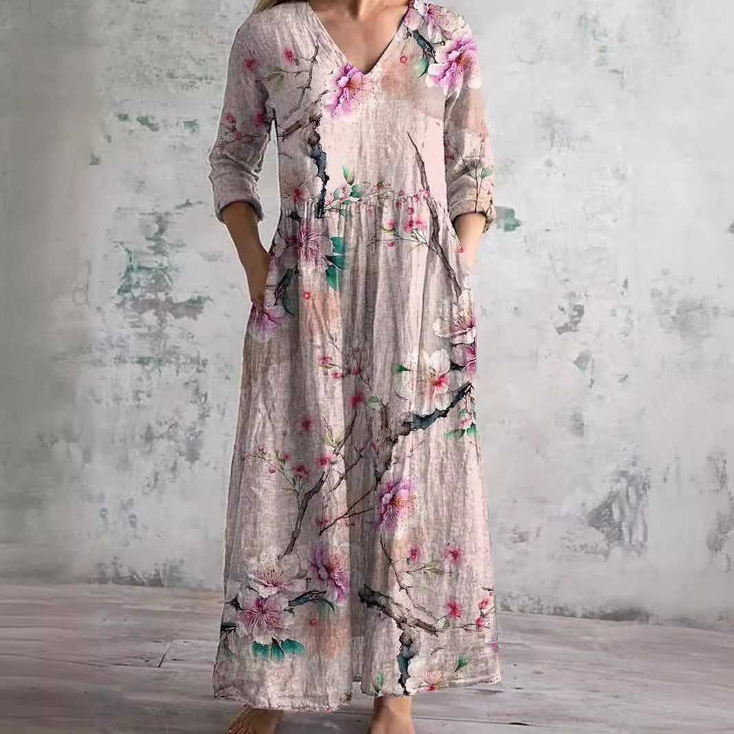 Dearyn | Summer Dress with V-Neck and Floral Pattern