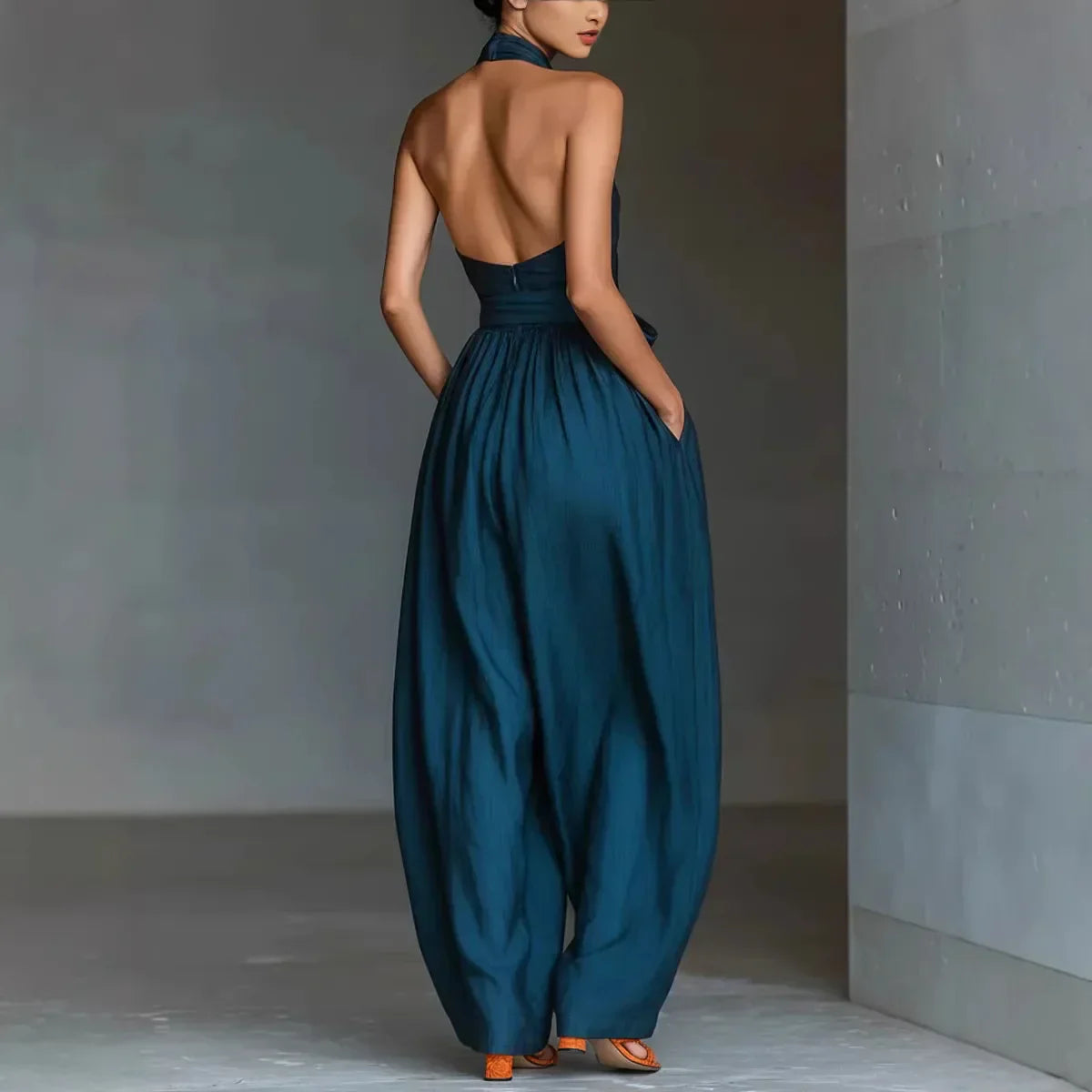 Evaria - Cross Halter Wide Leg Jumpsuit