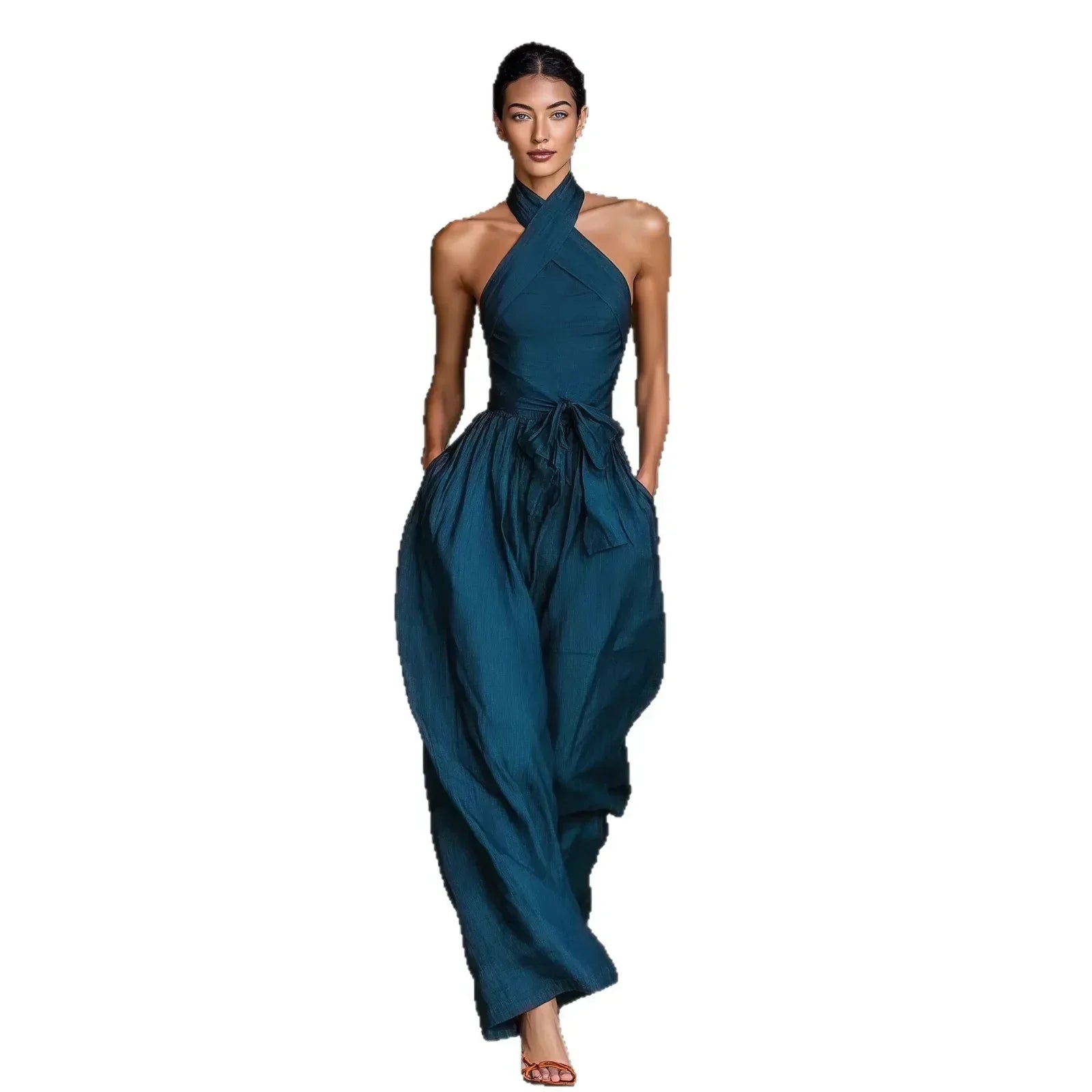 Evaria - Cross Halter Wide Leg Jumpsuit