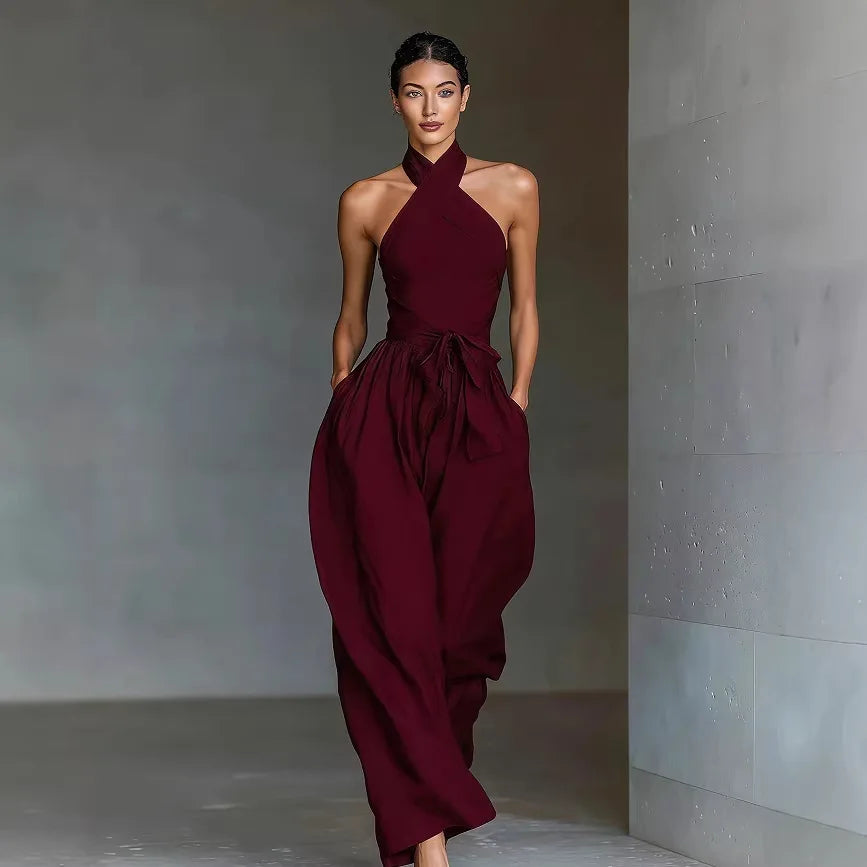 Evaria - Cross Halter Wide Leg Jumpsuit
