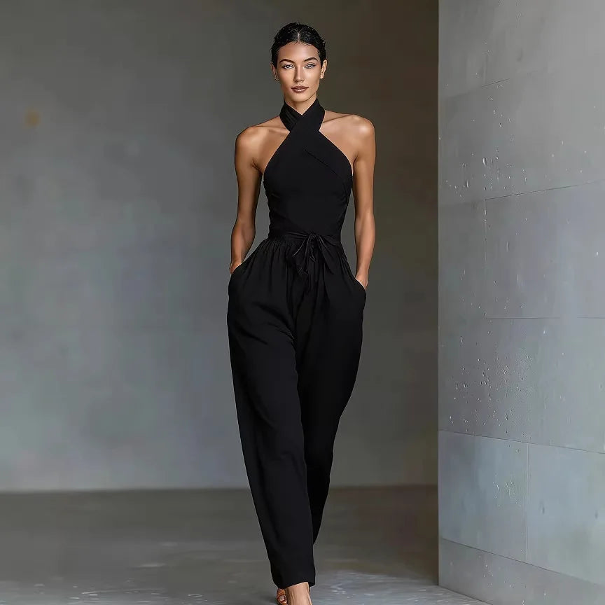 Evaria - Cross Halter Wide Leg Jumpsuit