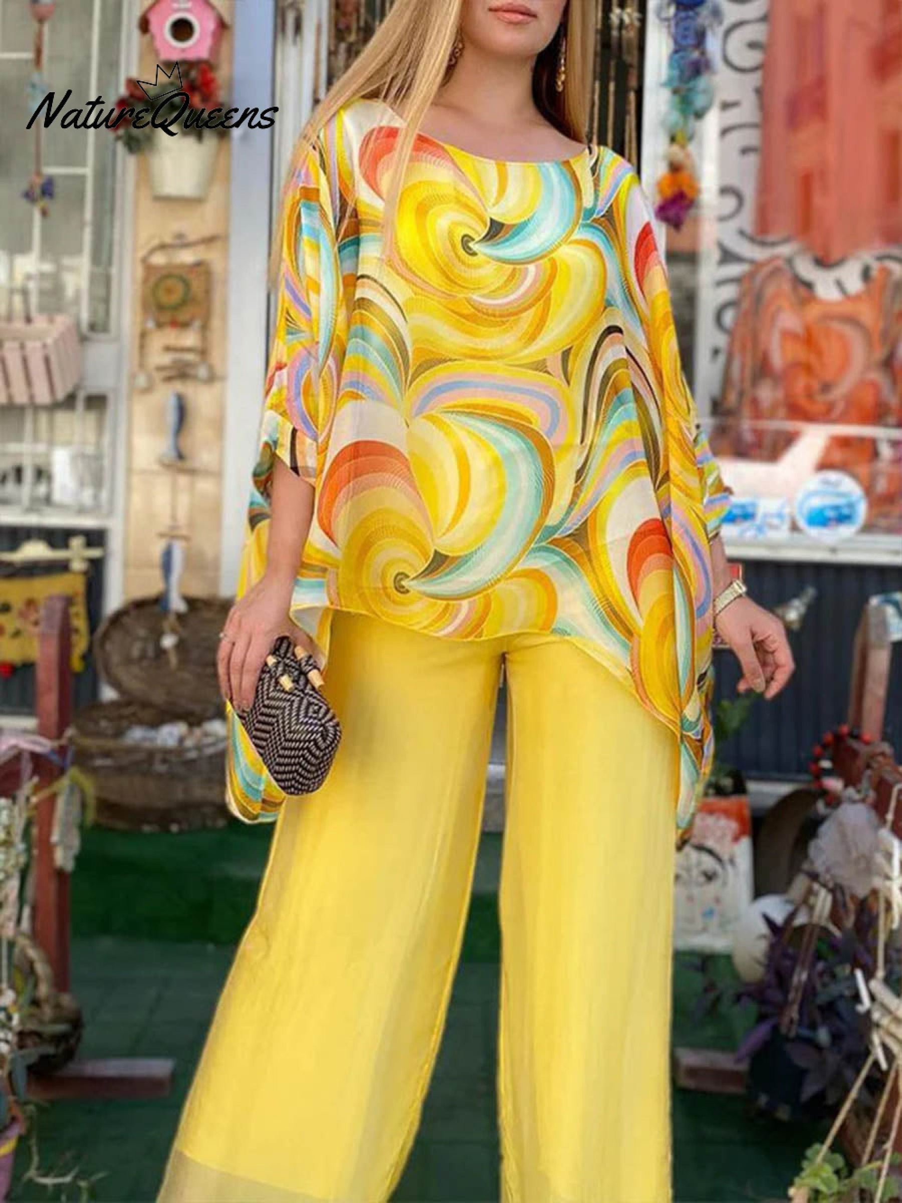 Women's Round Neck 3/4 Sleeves Abstract Geometric Pattern Print Loose and Comfortable Top High Waist Solid Color Wide Leg Pants Chiffon Casual Suit