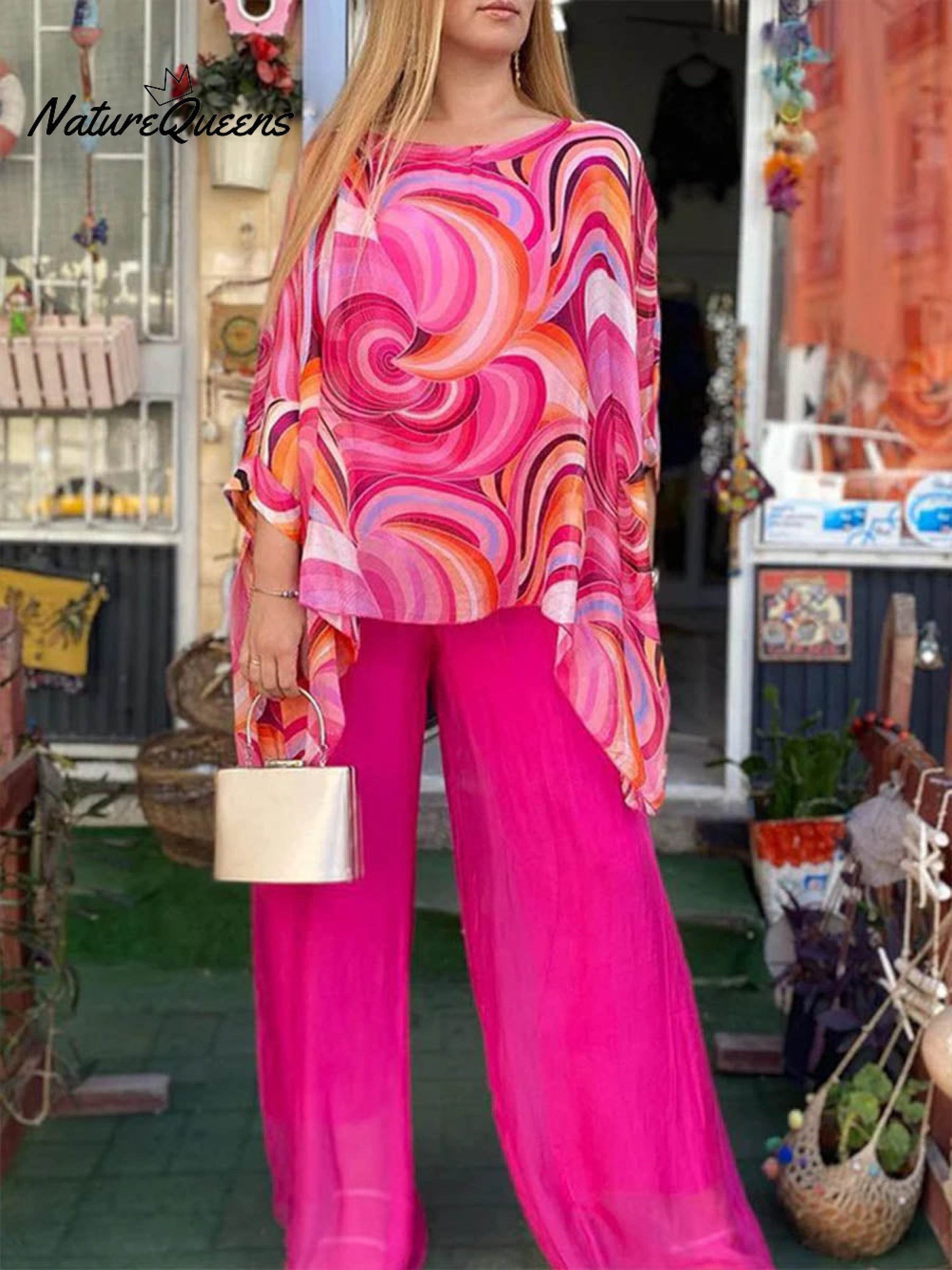 Women's Round Neck 3/4 Sleeves Abstract Geometric Pattern Print Loose and Comfortable Top High Waist Solid Color Wide Leg Pants Chiffon Casual Suit