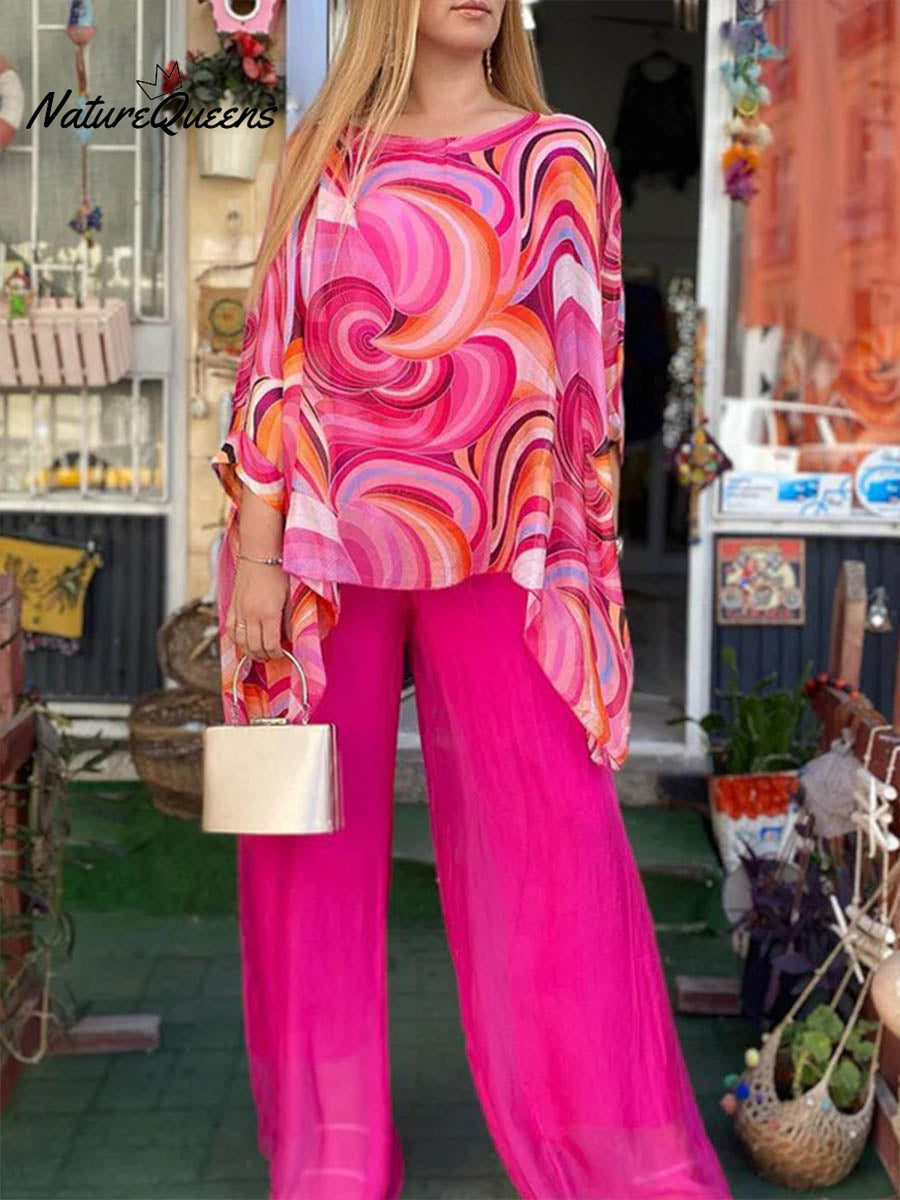 Women's Round Neck 3/4 Sleeves Abstract Geometric Pattern Print Loose and Comfortable Top High Waist Solid Color Wide Leg Pants Chiffon Casual Suit