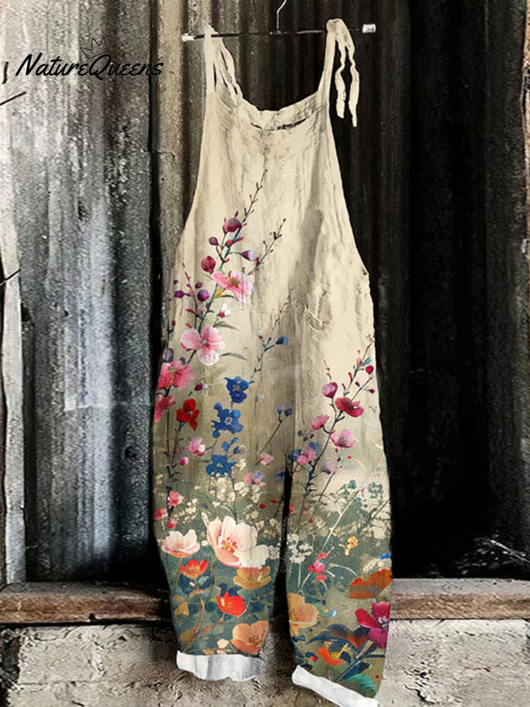 Vintage Flowers Art  Print Linen Loose Casual Jumpsuit