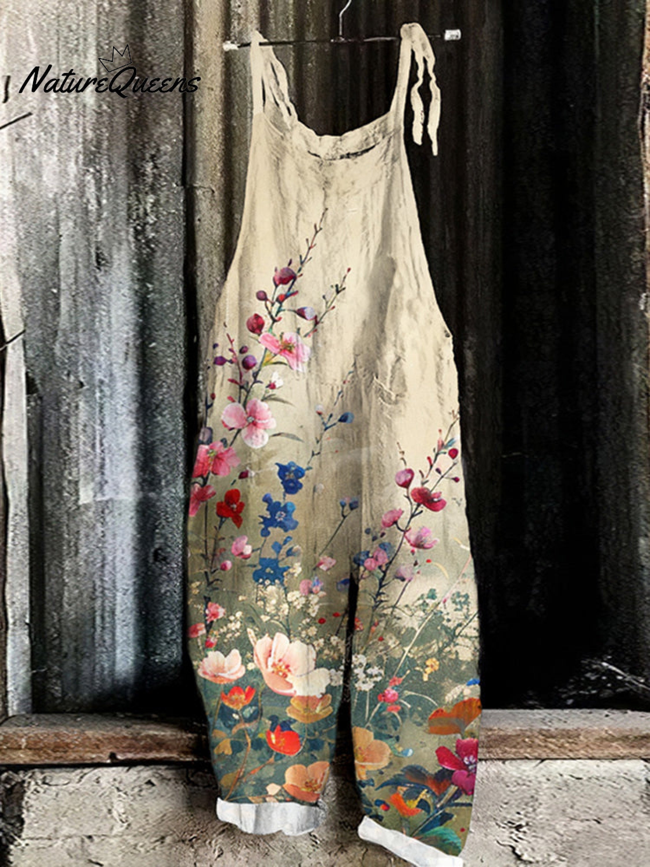Vintage Flowers Art  Print Linen Loose Casual Jumpsuit