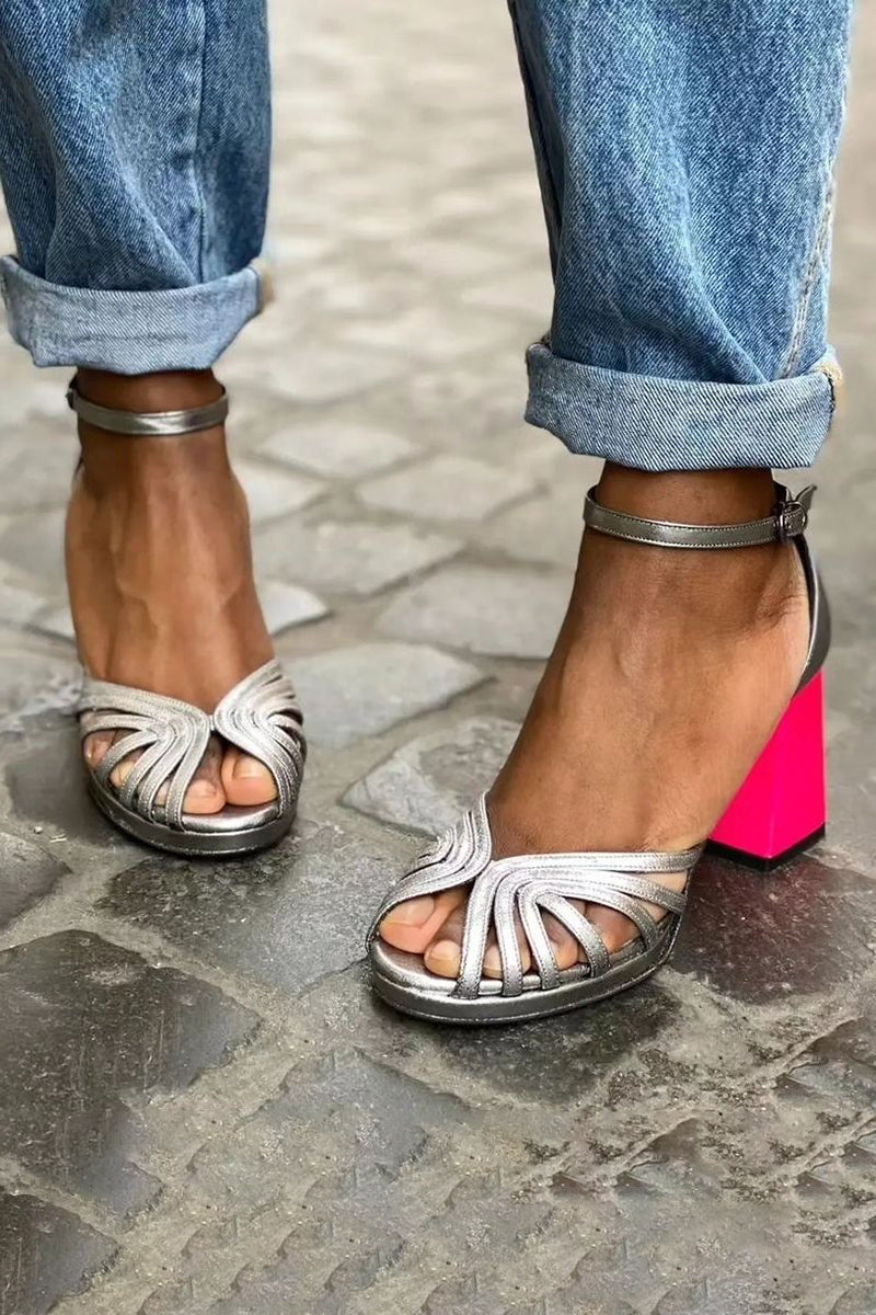 Seraphina™ | Shiny sandals with chunky heel and elegant buckle