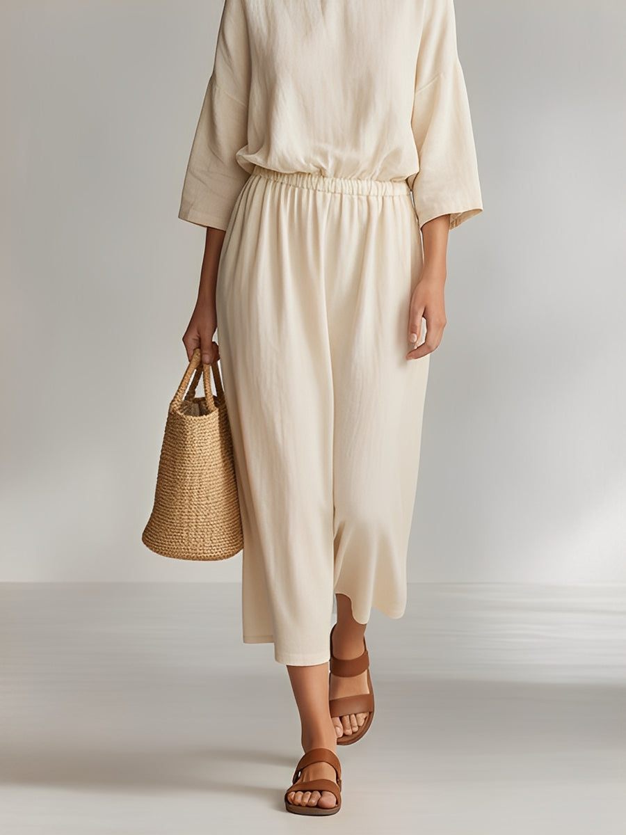 Women's Ivory Cotton Set With Boat Neck & Elastic Waist, Timeless Minimalist-Casual Style Set MDZ2062A3I
