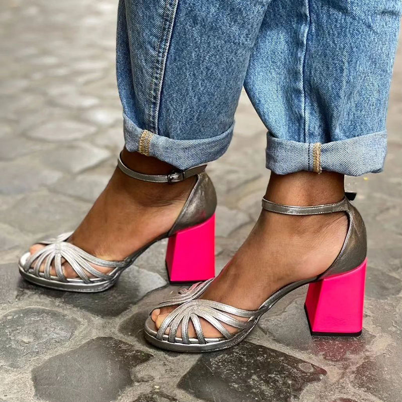 Seraphina™ | Shiny sandals with chunky heel and elegant buckle
