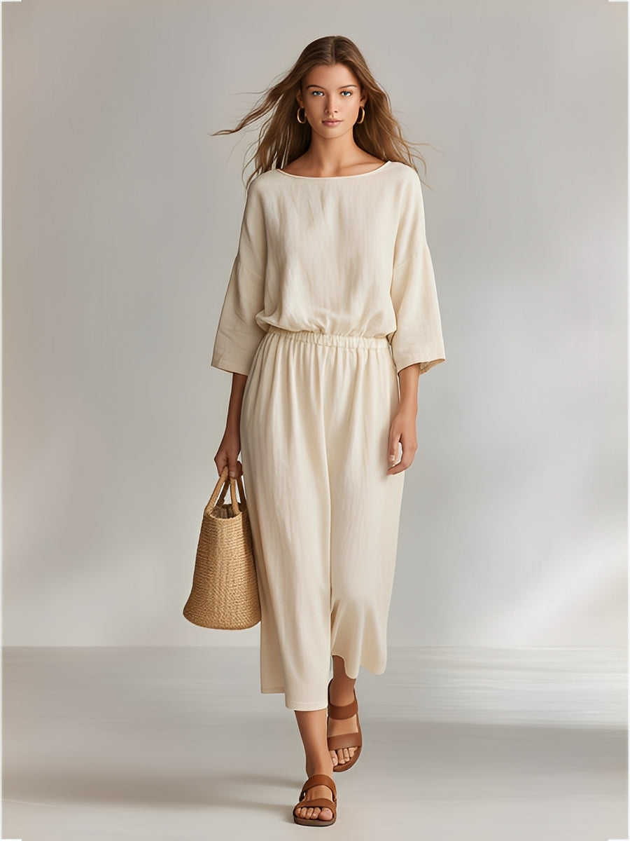 Women's Ivory Cotton Set With Boat Neck & Elastic Waist, Timeless Minimalist-Casual Style Set MDZ2062A3I