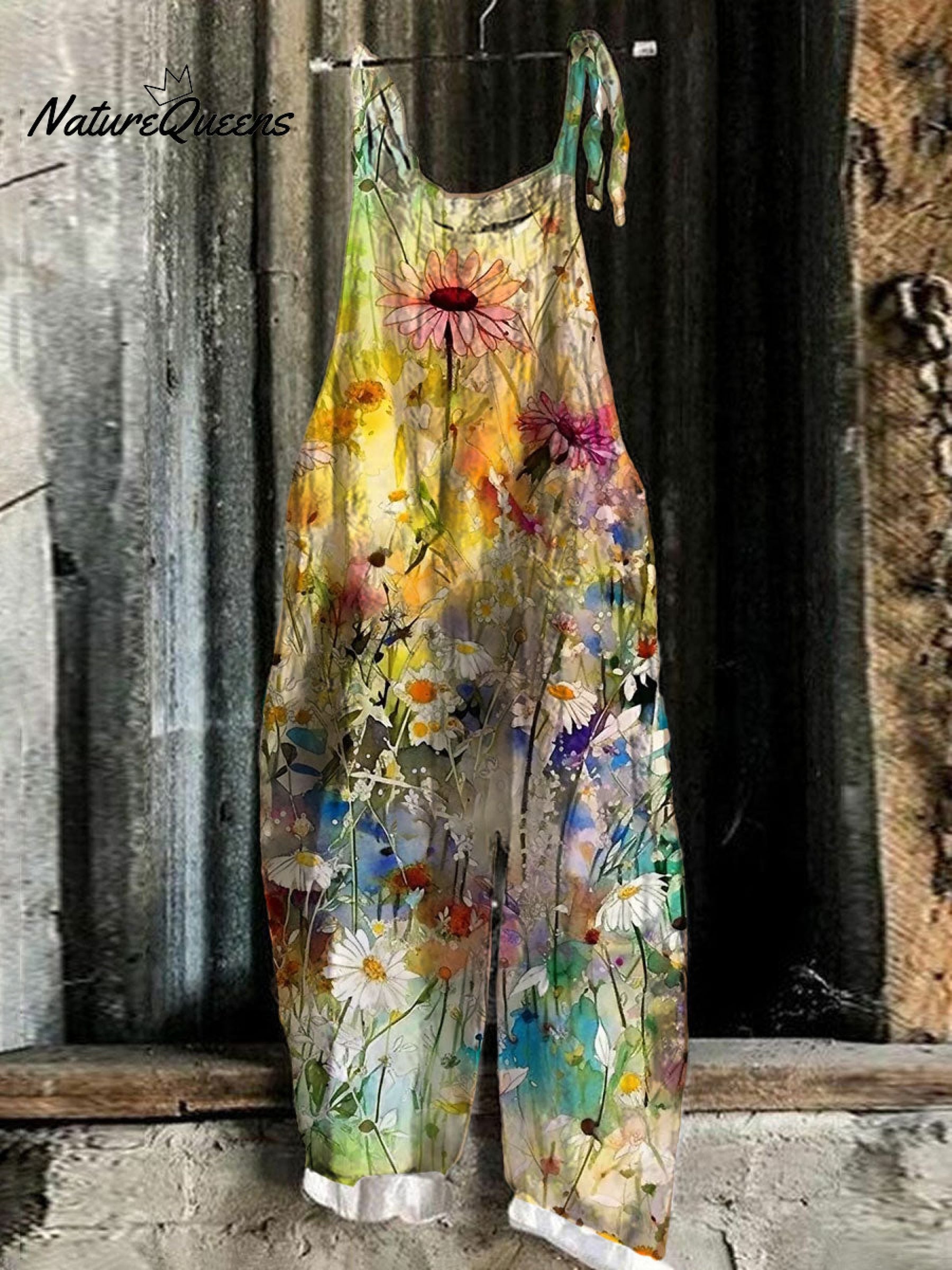 Summer Daisy Floral Art Linen Blend Loose Casual Jumpsuit